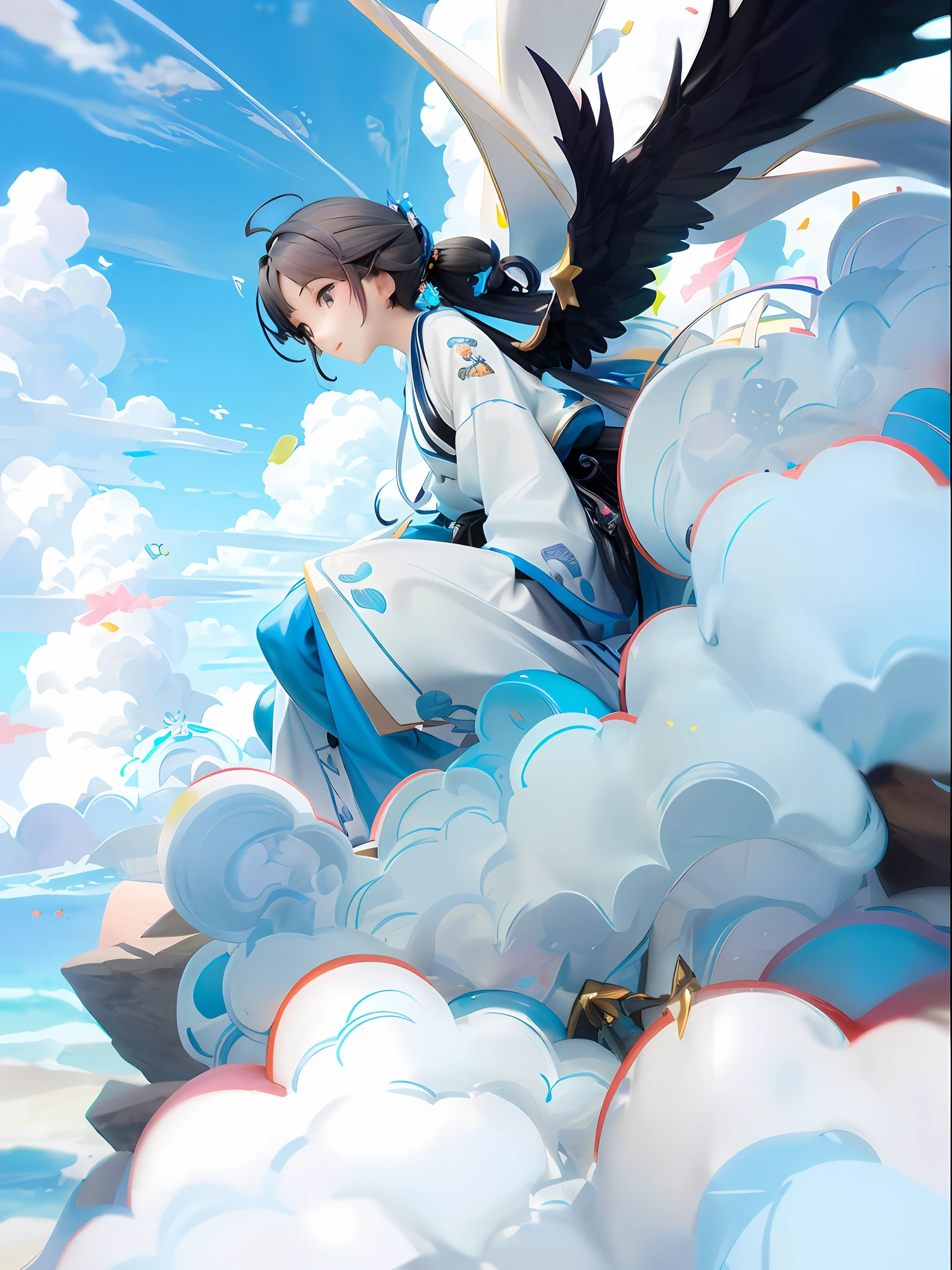 Teen girls、green grass、blanche、black har、Longhaire、ponie tail、Black eyes、White to blue kimono、Black wings、Sitting on the clouds、white clouds、Horizontal angle、Looking down、blue skies、