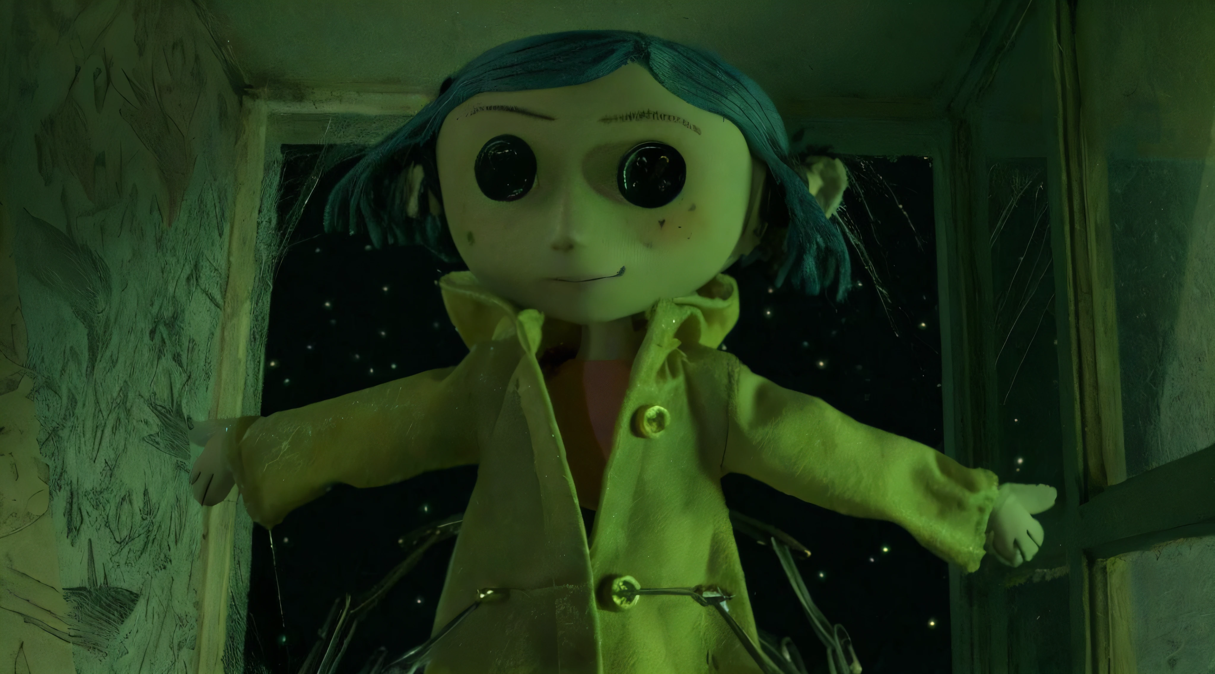 a close up of a doll with blue hair and a yellow jacket, the'other mother'from'coraline ', coraline, still from animated horror movie, in a tim burton movie, movie still of the alien girl, as a claymation character, 2d movie still, the mekanik doll, claymation character, stop motion character --auto