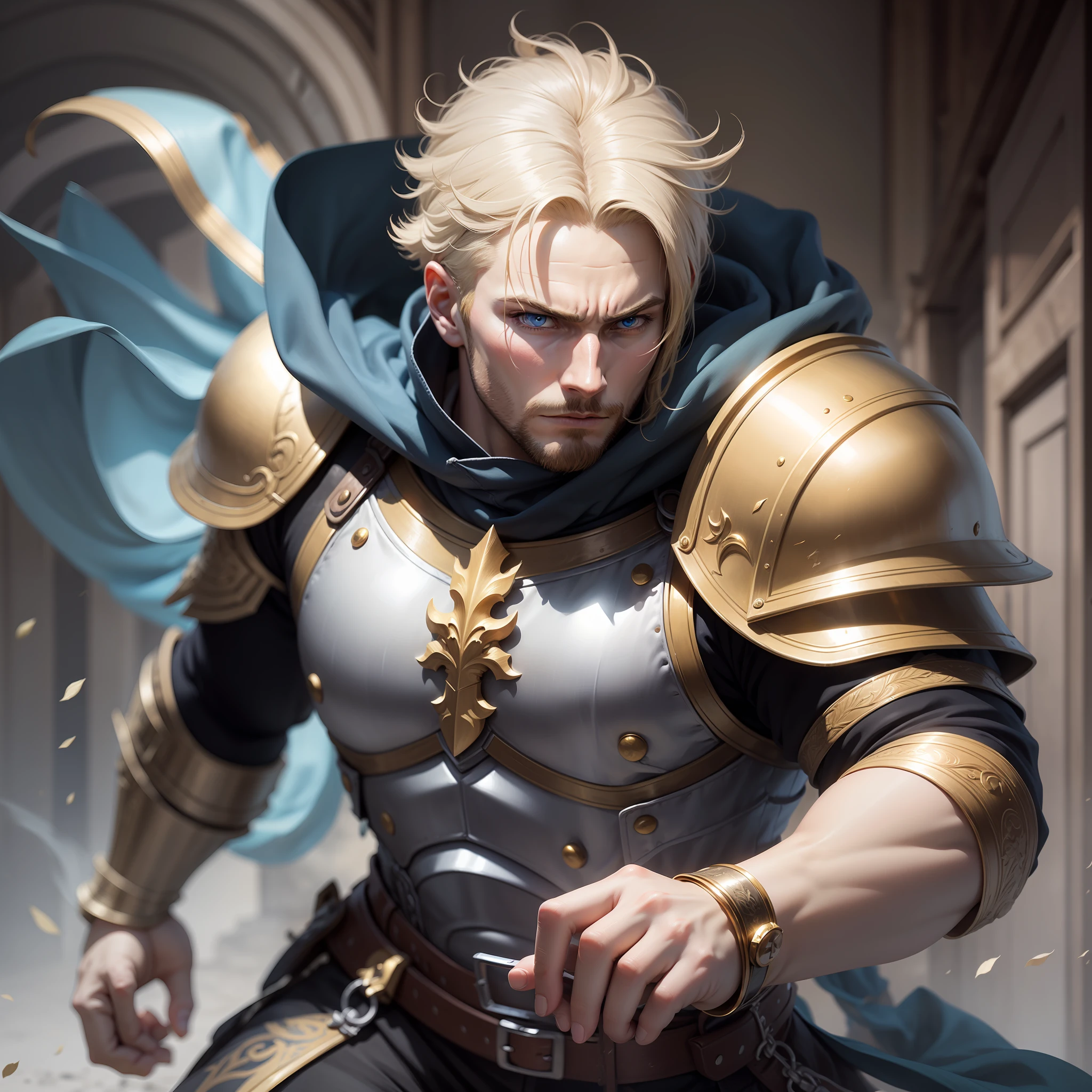 realistic image in anime style art of a tall, strong man, 30 years old, blond with short hair, blue eyes, cold expression, dressed in black cleric clothes and with golden shoulder pads, rpg warrior running in a wide corridor of a royal palace