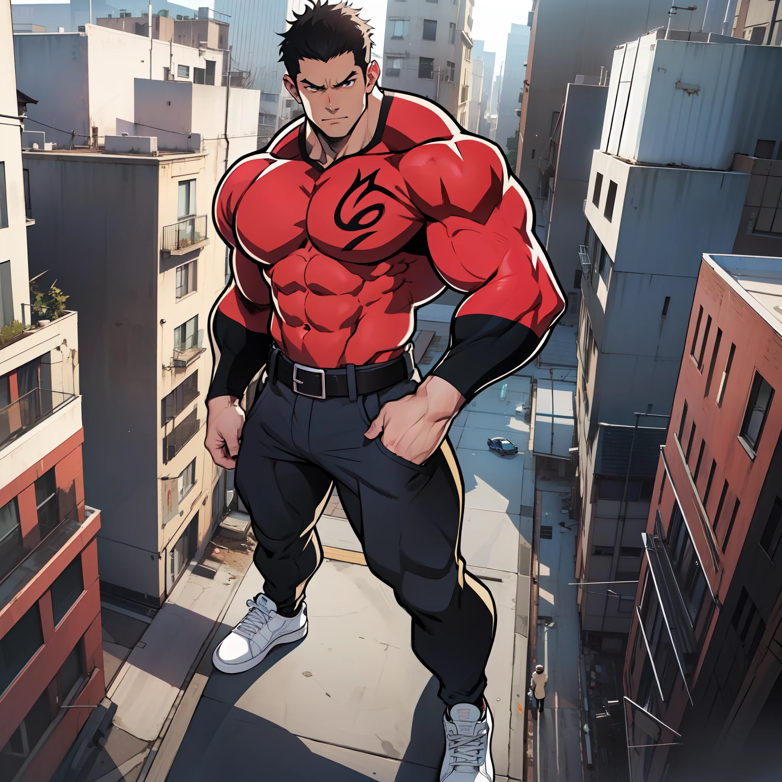 Generate anime-style art with a high-angle shot of a muscular male character with his body facing the camera, THE CHARACTER IS STANDING ON TOP OF A TALL BUILDING, The protagonist must have an extremely muscular body, very tall, similar to that of a bodybuilder. The character must have very short hair with dark brown bangs and must be wearing a red long sleeve T-shirt with black pants and a belt and must be wearing a white sneaker. The image should depict the character's entire body, focusing on his intimidating posture. The protagonist must exude strength and dominance, displaying a powerful presence. The scene should feature only the muscular character, THE CHARACTER SHOULD BE ON TOP OF A BUILDING SHOWING A LARGE CITY BELOW HIM