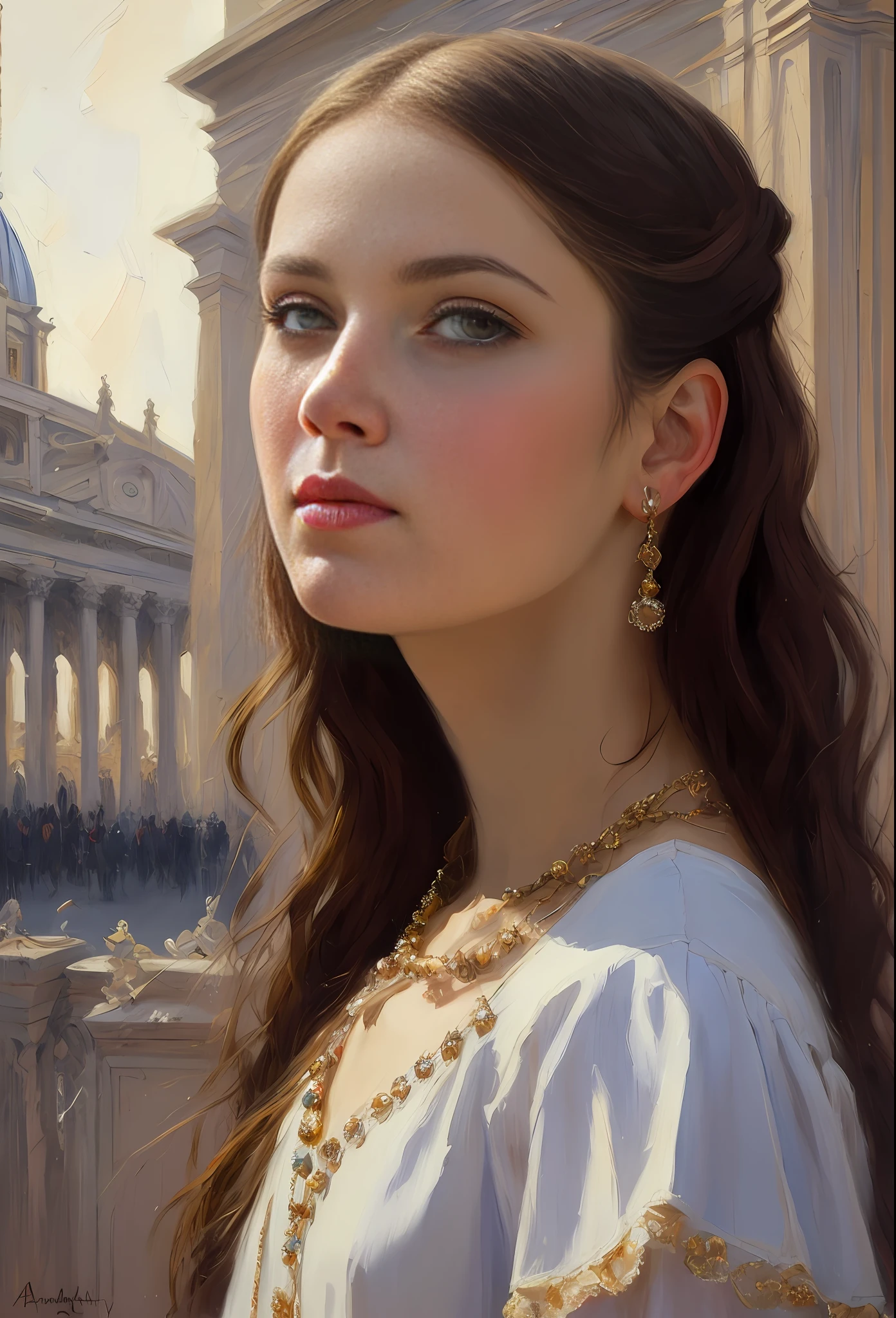 portrait, girl, middle ages, classicism, andrey atroshenko style, painting,on the St. Peter's Square of Vatican, traditional media, realistic, figurative, fine art, oil on canvas, HDR, 8K, original character, high resolution, high detail, focus on the face