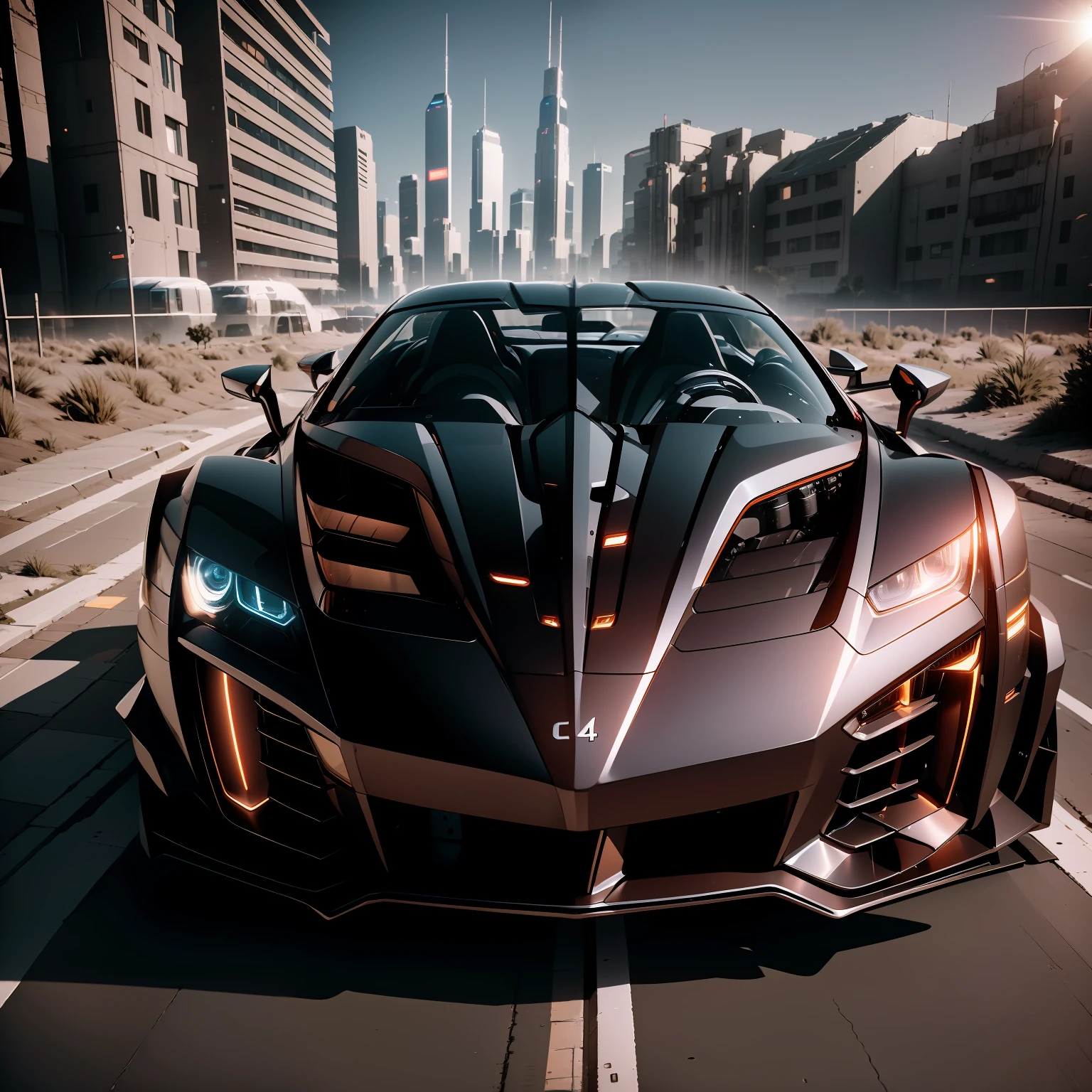 A sports car，mechs，Background cyberpunk，Best picture quality，High chiaroscuro，Cinematic texture，C4D render，Sharpen 1.4，Strong realism，The metal material is real，High detail and ultra-high image quality1.5，16K resolution，