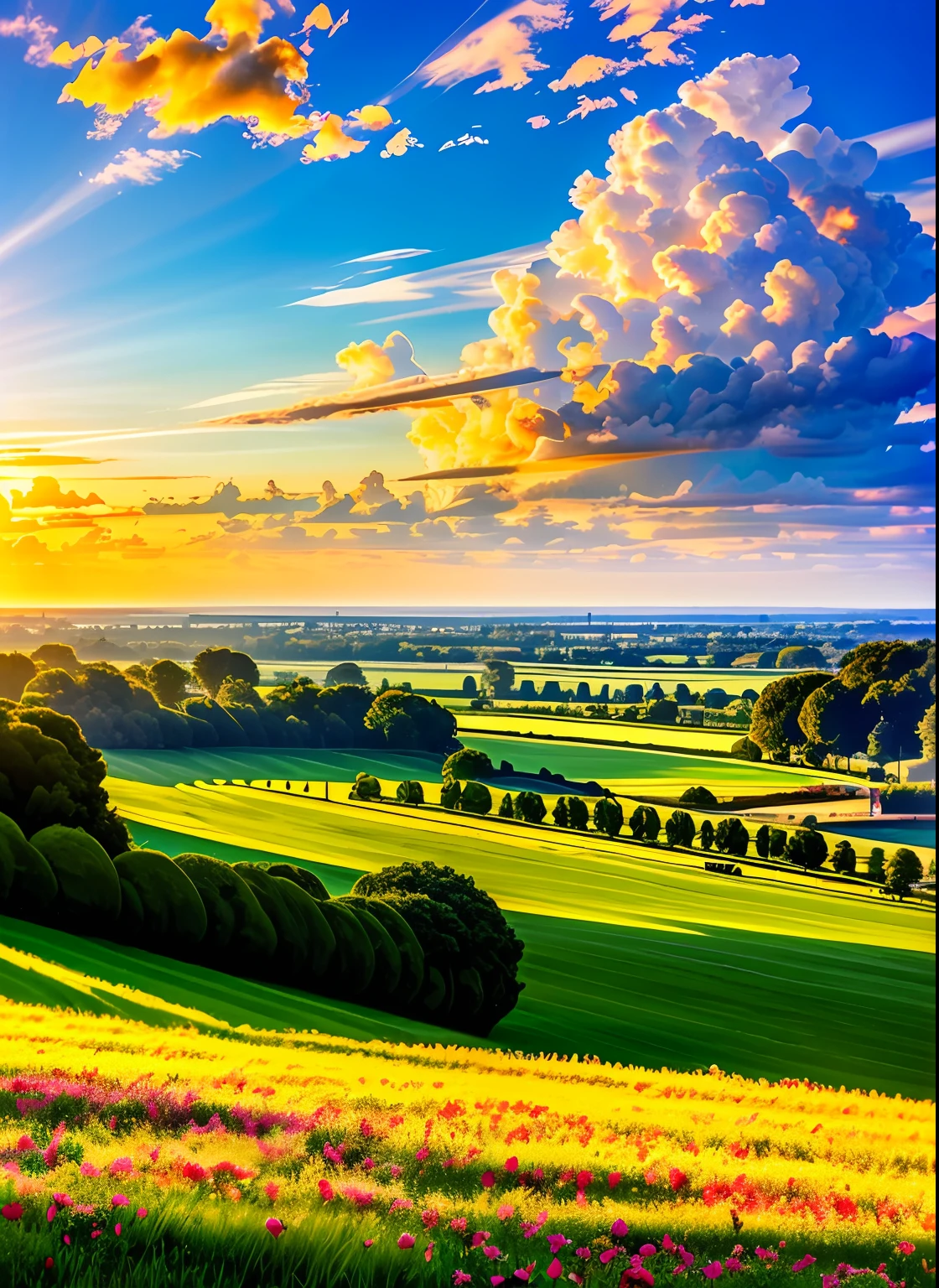 ((masterpiece, best quality)), multiple maidens, behind the vast and fantastic landscape, in the distance towering castles and minarets, with colorful clouds, multicolored flowers