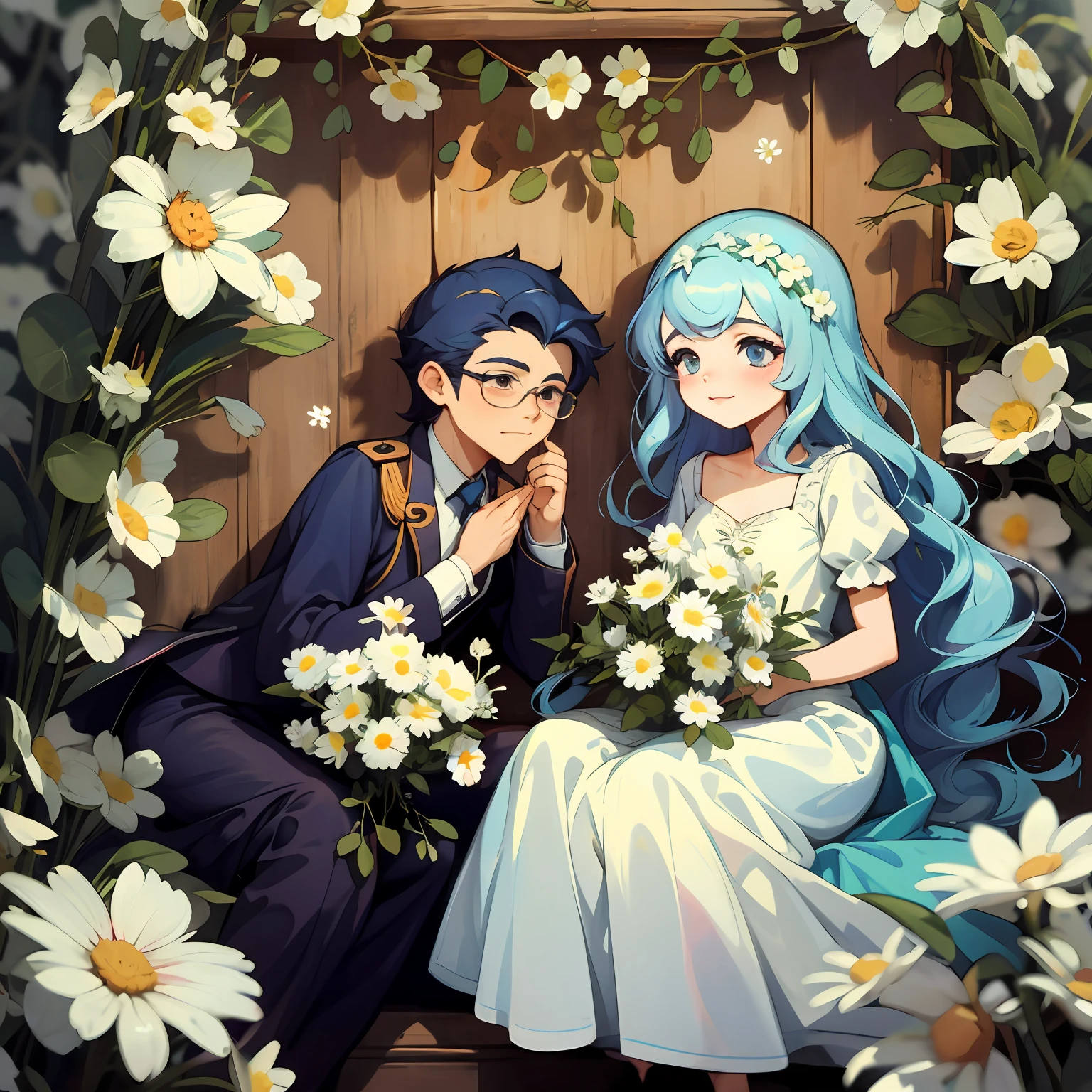 1 adesivo, hand account, (adesivo, 1 menino e 1 menina, vestido de noiva, bouquet, greeble), Cabelo castanho, cabelos castanho claro, stand, aquarela, fundo branco, fundo simples, minimum, bonito, tiny, cor pastel, estilo vetorial, sem gradiente, Casamento, pose de casal, Corpo inteiro, ((um casal)), (um homem e 1 mulher), ((Jovens)), (Terno azul royal, vestido de noiva), Felizes, alegria, felicidade, Glasses boy, (cabelos castanho claro) bouquet, ((Bouquet of white daisies)), salute, jardim