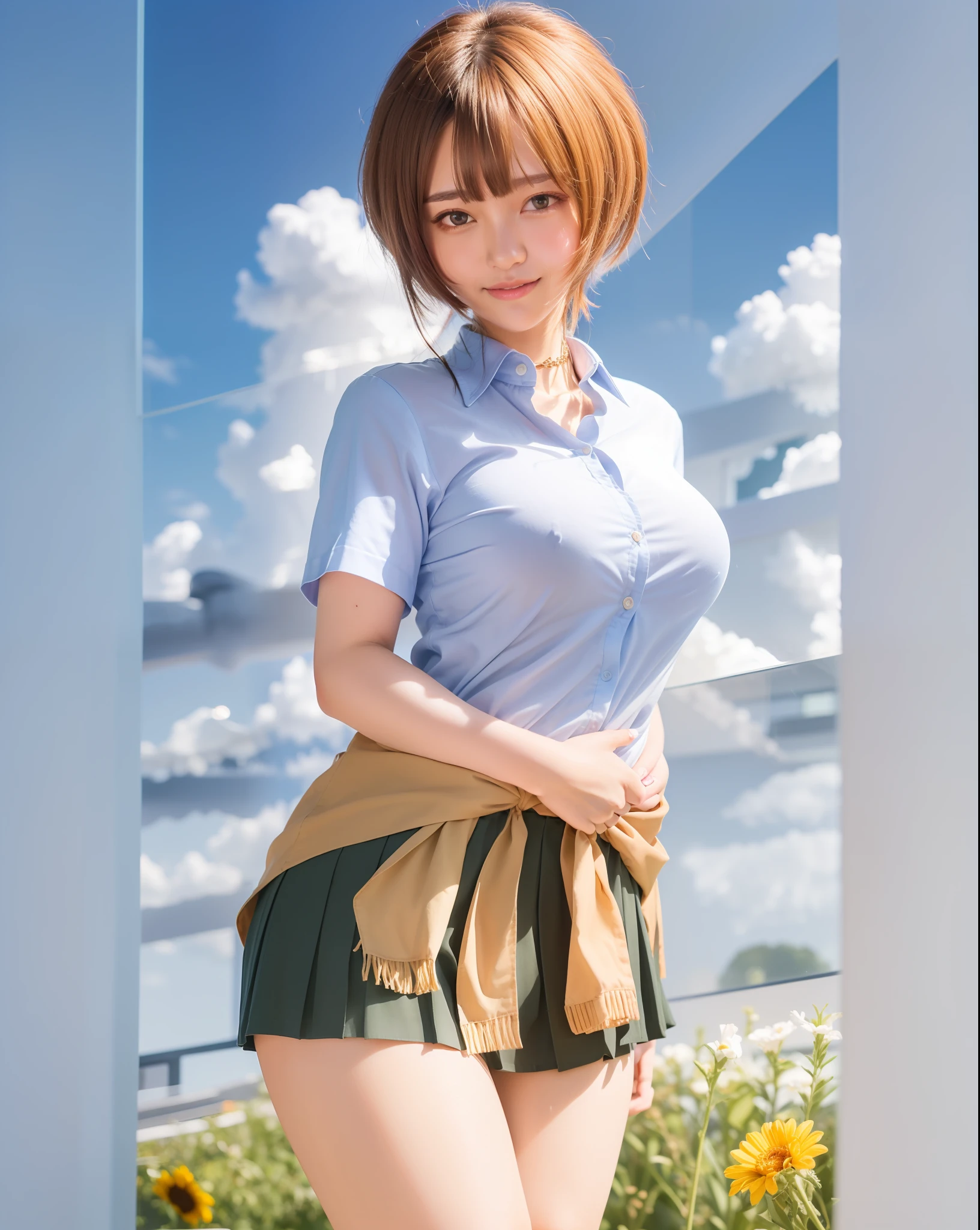 (((Marin Kitagawa))), (masterpiece, best quality), ((extremely detailed, intricate details, lush detail, insanely detailed face, beautiful red eyes, lips, detailed skin, very wide-eyed, skinny)), (( floating hair, shiny skin)), (1girl), wide hips, narrow waist, thick thighs, ((big pupil)) , nervous, ((happy, smile, long hair, younger, blush, tall, black outline, blonde hair, straight hair, seductive eyes, mature female, older, very long hair)), 1girl, toned, ((((indoors, in front of a big window, light shining through window, upper body focus)))), solo, blonde hair, school uniform, skirt, necktie, shirt, shoes, choker, jewellery, white shirt, socks, smile, brown footwear, black socks, looking at viewer, loafers, blue skirt, multicolored hair, plaid, pleated skirt, tied shirt, black choker, bangs, plaid skirt, bracelet, earrings, standing, blue necktie, grin, collared shirt, (((hands behind back, 1girl)))
