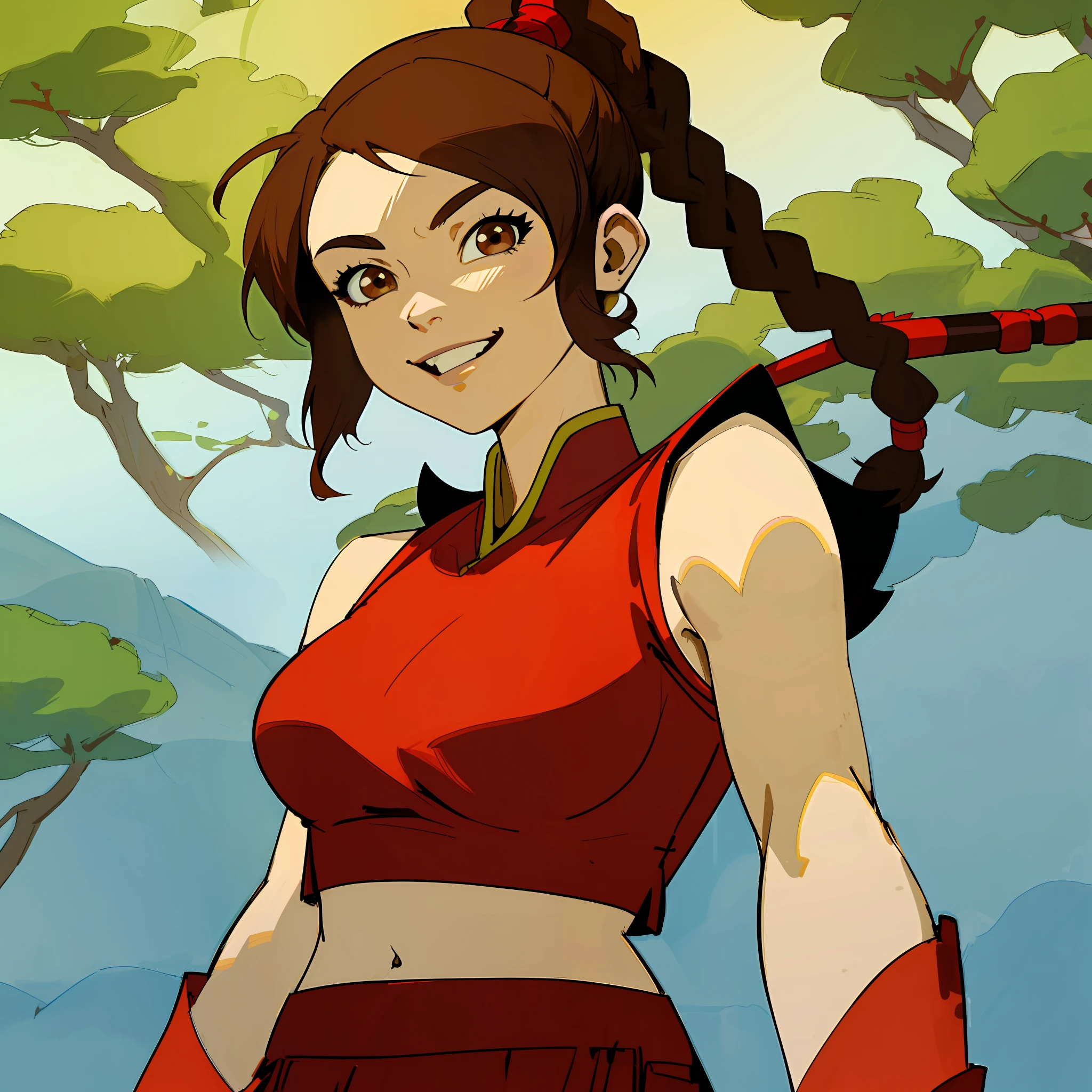 [Ty Lee_(Avatar_the_Last_Airbender)], ((masterpiece:1.4)), ((high res:1.4)), ((High definition)), ((detailed shading)), ((beautiful solo portrait)), ((upper body)), ((anime girl)), ((beautiful 2D art)), ((beautiful background)), {attractive; (brown hair; long braided ponytail), (beautiful brown eyes), (happy smile; white teeth), curvaceous hips, beautiful lips, athletic body}, {(red indian choli top), (midriff), (red baggy pants)},  (attractive pose), [background; river, sunny, trees