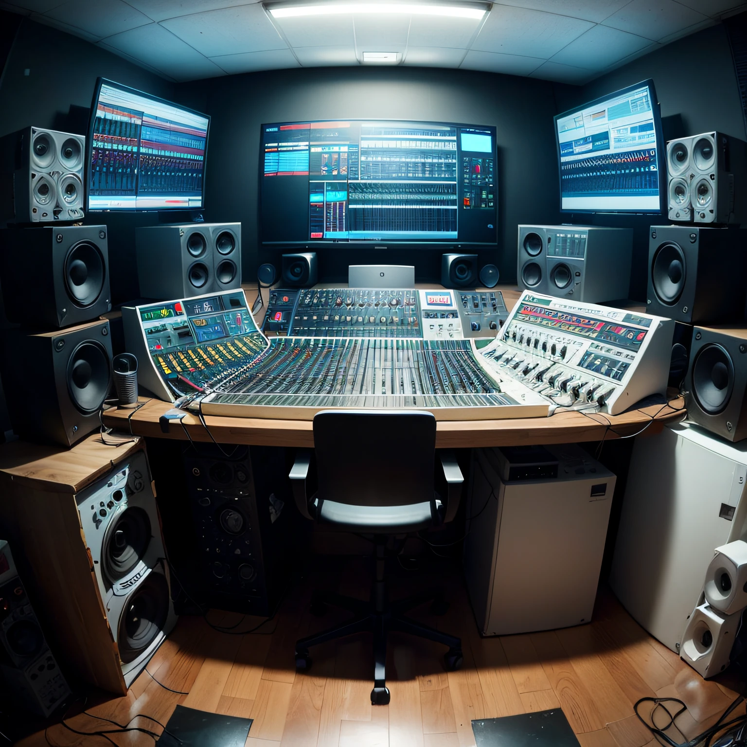 Studio，Panorama photo of the operator's station,Huge mixer，Very many speakers，Non-wide-angle lens，Very expensive recording equipment，A recording studio built by 100 million，Extreme light and shadow，Ultimate texture，8K，Background blue tone --auto