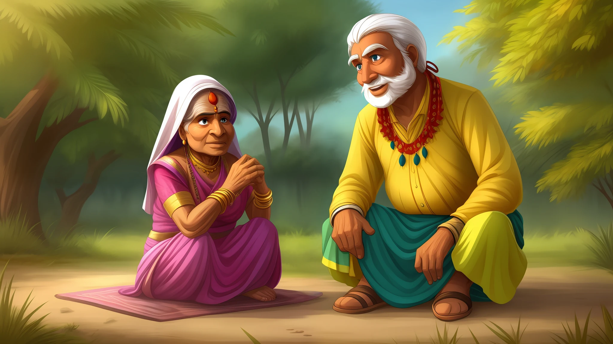 A indian old woman and man in cartoon