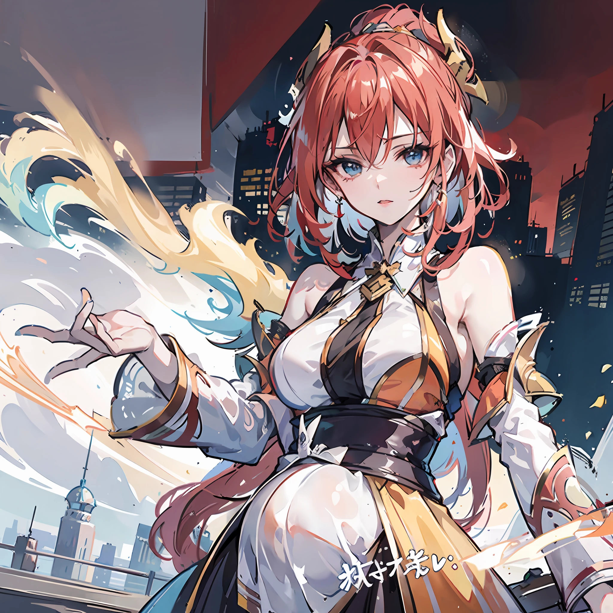 masterpaintings, Best quality, (Detailed eyes and skin), ((Realistic)), jixiaoman, 1girl huge large breasts, The blonde_Hair, Yellow_clothes, Black_clothes, Blue_Eyes, Blue_Sky, blury, blury_Background, blury_foreground, (Modern_City:1.5), mediating_breasts, Exercise_blury,The photograph_\(curly\),Short Hair Hair,skyward,独奏,Upper body body,Pregnant belly,Beth,Showing the belly,youthfulenergy,18-year-old girl,lovly,Two-dimensional painting style,pregnant women with