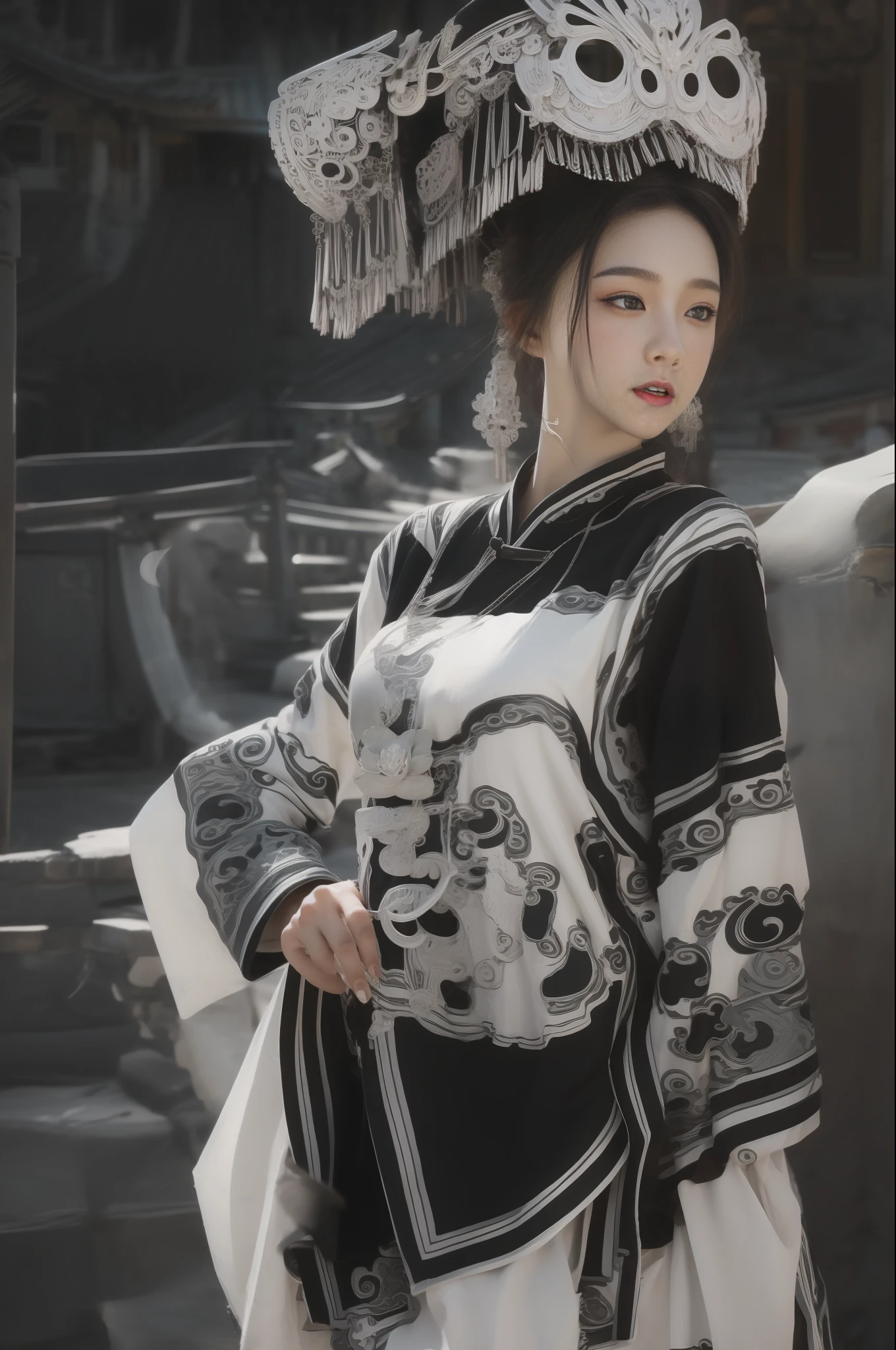 zhongfenghua, 1girl, solo, hanfu, ancient_chinese_architecture, flower field, blossom, (white smoke:1.3) (photorealistic:1.4), zentangle, mandala, entangle, official art, unity 8k wallpaper, ultra detailed, beautiful and aesthetic, masterpiece,best quality, (dynamic angle:1.4), glowing skin, (floating colorful sparkles:1) the most beautiful form of chaos, elegant, a brutalist designed, vivid colours, romanticism depth of field exotic_dance