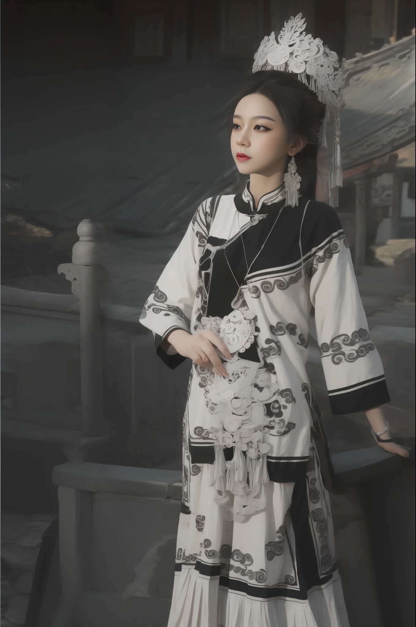 zhongfenghua, 1girl, solo, hanfu, ancient_chinese_architecture, flower field, blossom, (white smoke:1.3) (photorealistic:1.4), zentangle, mandala, entangle, official art, unity 8k wallpaper, ultra detailed, beautiful and aesthetic, masterpiece,best quality, (dynamic angle:1.4), glowing skin, (floating colorful sparkles:1) the most beautiful form of chaos, elegant, a brutalist designed, vivid colours, romanticism depth of field exotic_dance