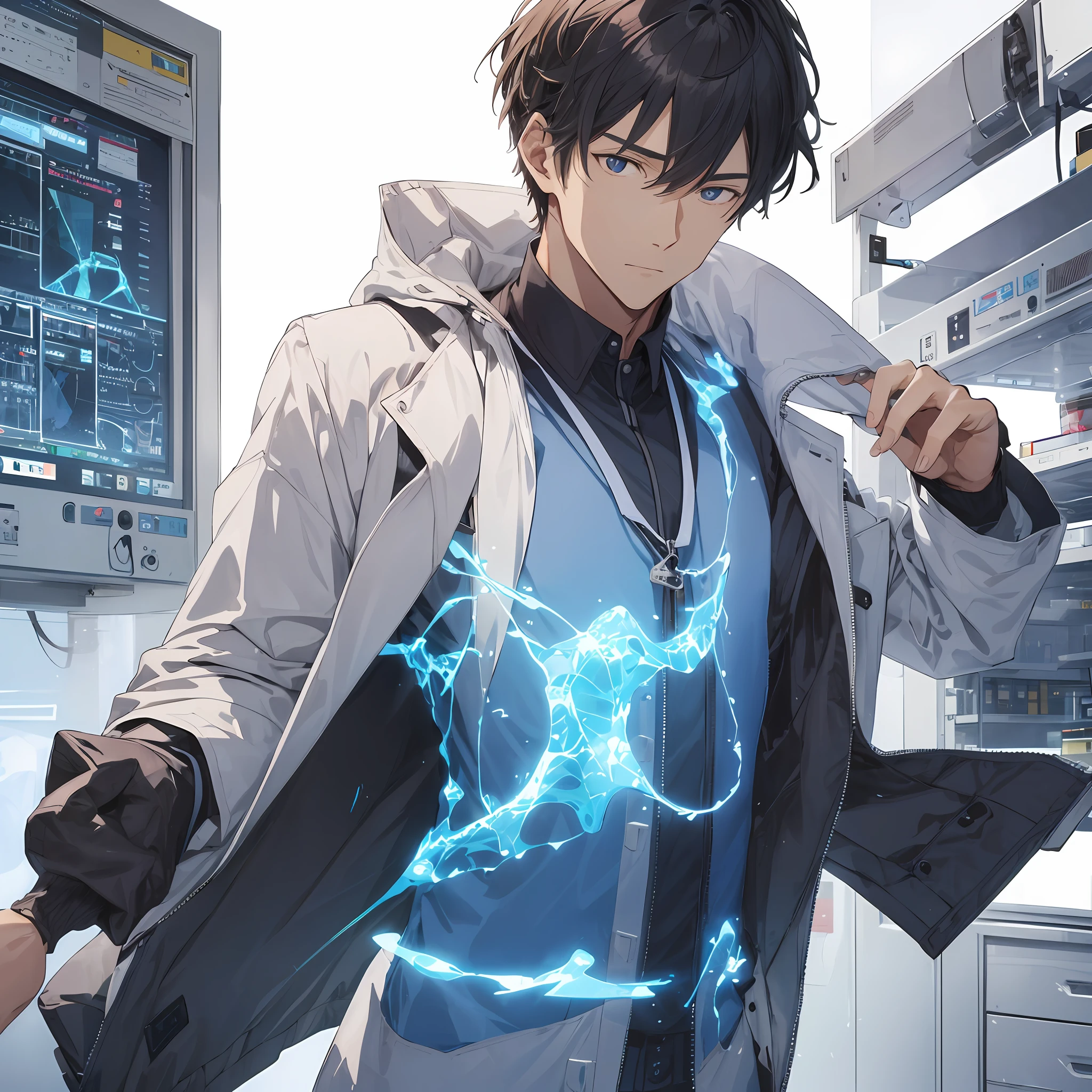 A handsome man,Flat expression,Wide jacket,Short Hair Hair,The background is a research institute full of science and technology