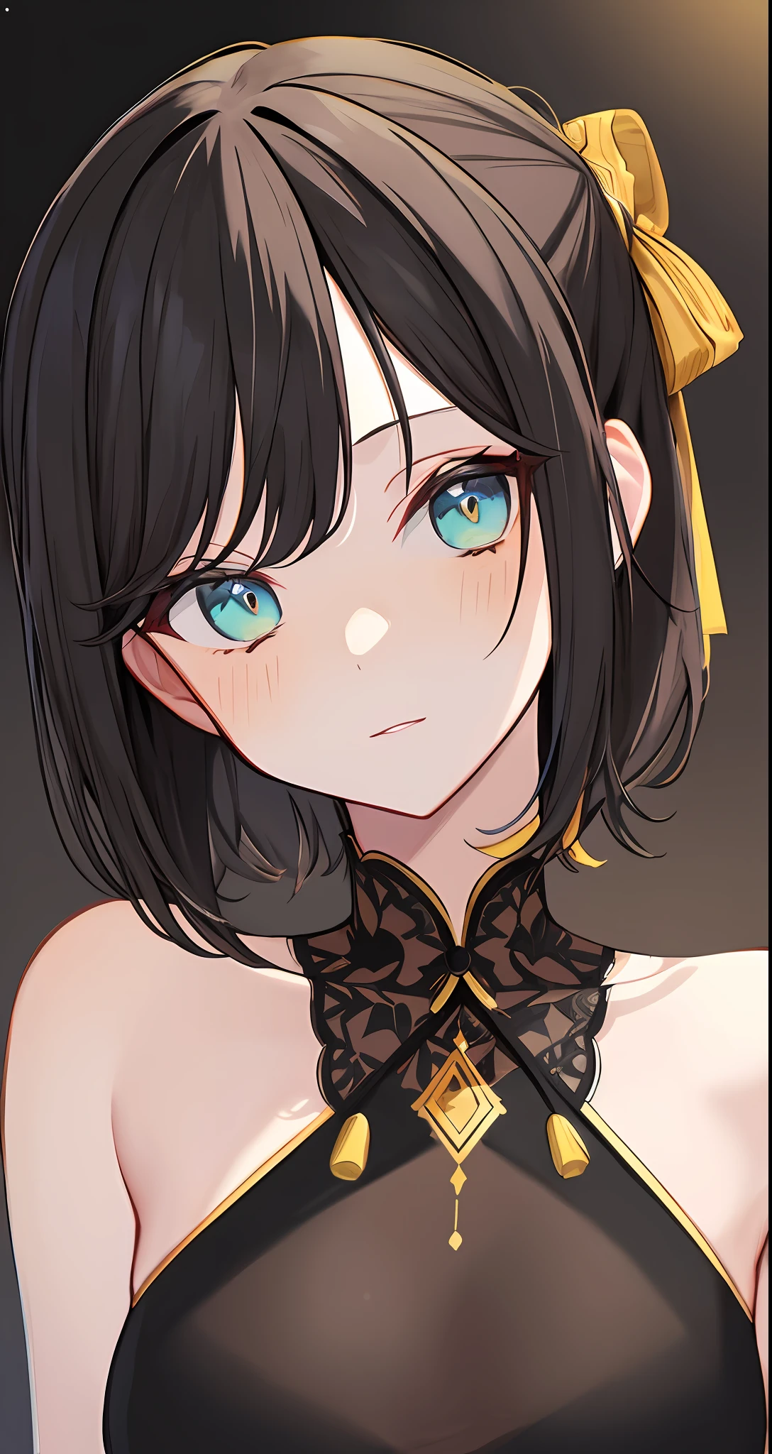 小柄,1girl in, 独奏, 巨作, 最好质量, beautifully painted, Extremely detailled, Aesthetic painting, {{{Upper body body}}}, Detailed clothing, hyperdetailed face, detailed eye, Detailed night, Detailed buildings, {{{super detailed skin}}}, A great masterpiece of digital art, Detailed manga illustrations, fine detailed, A high resolution, stunning art, {{and intricate detailing}}, masterpiece portrait, Floating hair, nights,bob cuts,black-haired