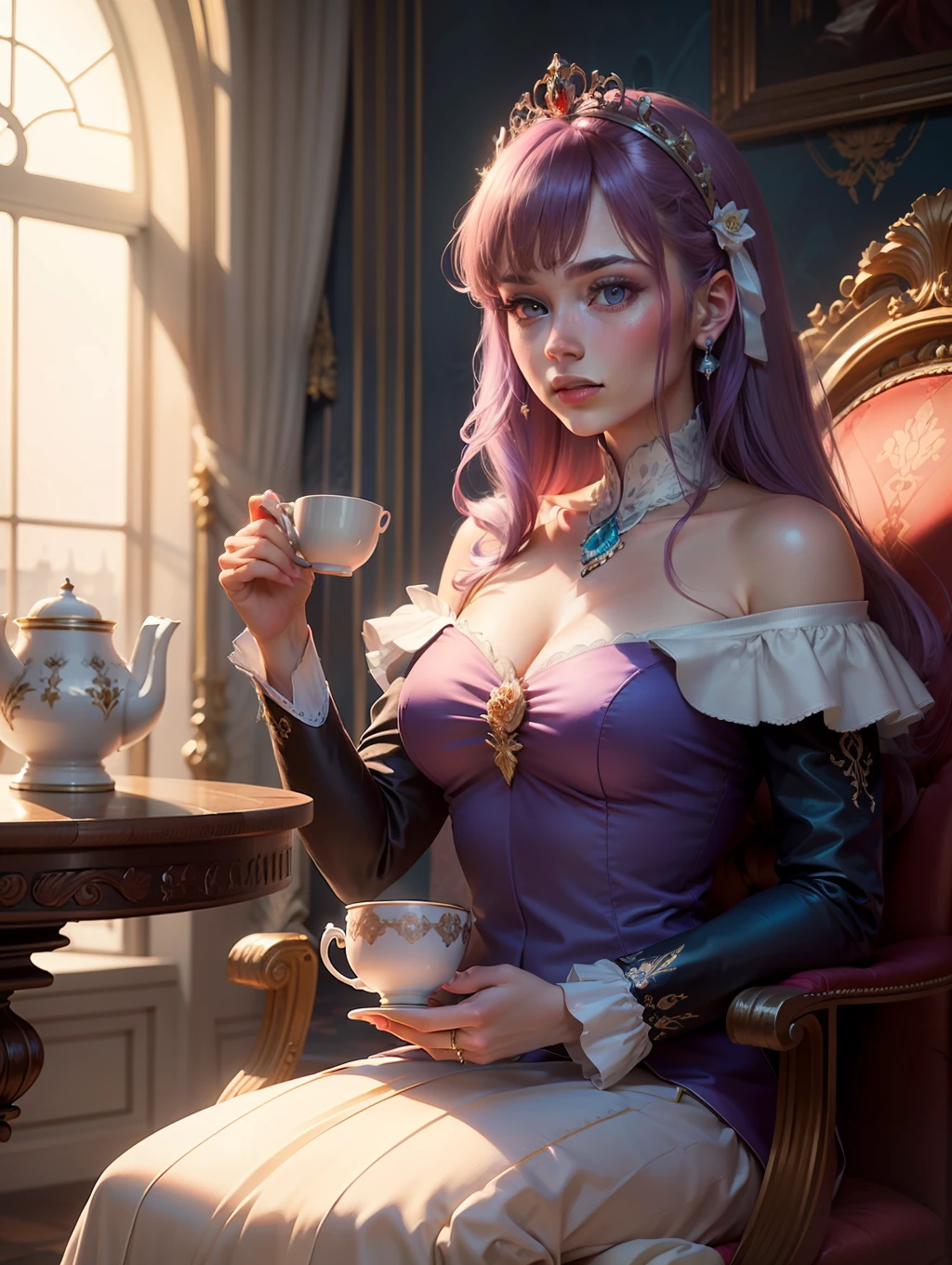 (Masterpiece), best quality, ultra-detailed CG unity 8k wallpaper, high resolution, purple hair, (drinking tea with the royals: 1.2), elegant dress, sophisticated setting, royal palace, silverware, floral arrangements, sweeping camera angle, volumetric light.