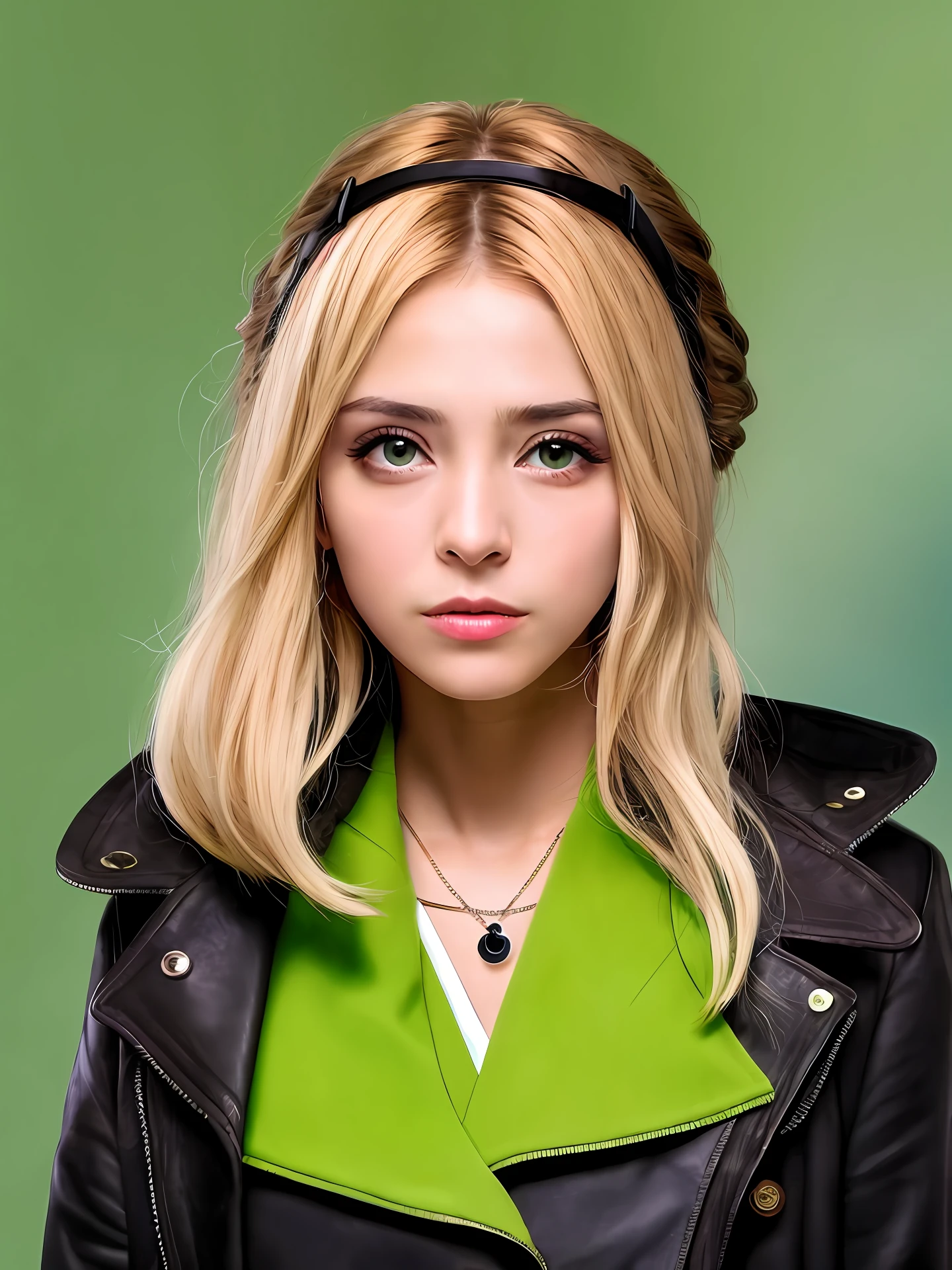 Uma garota com grandes peito e olhos verdes. Cabelo castanho e bico do peito marcando.
