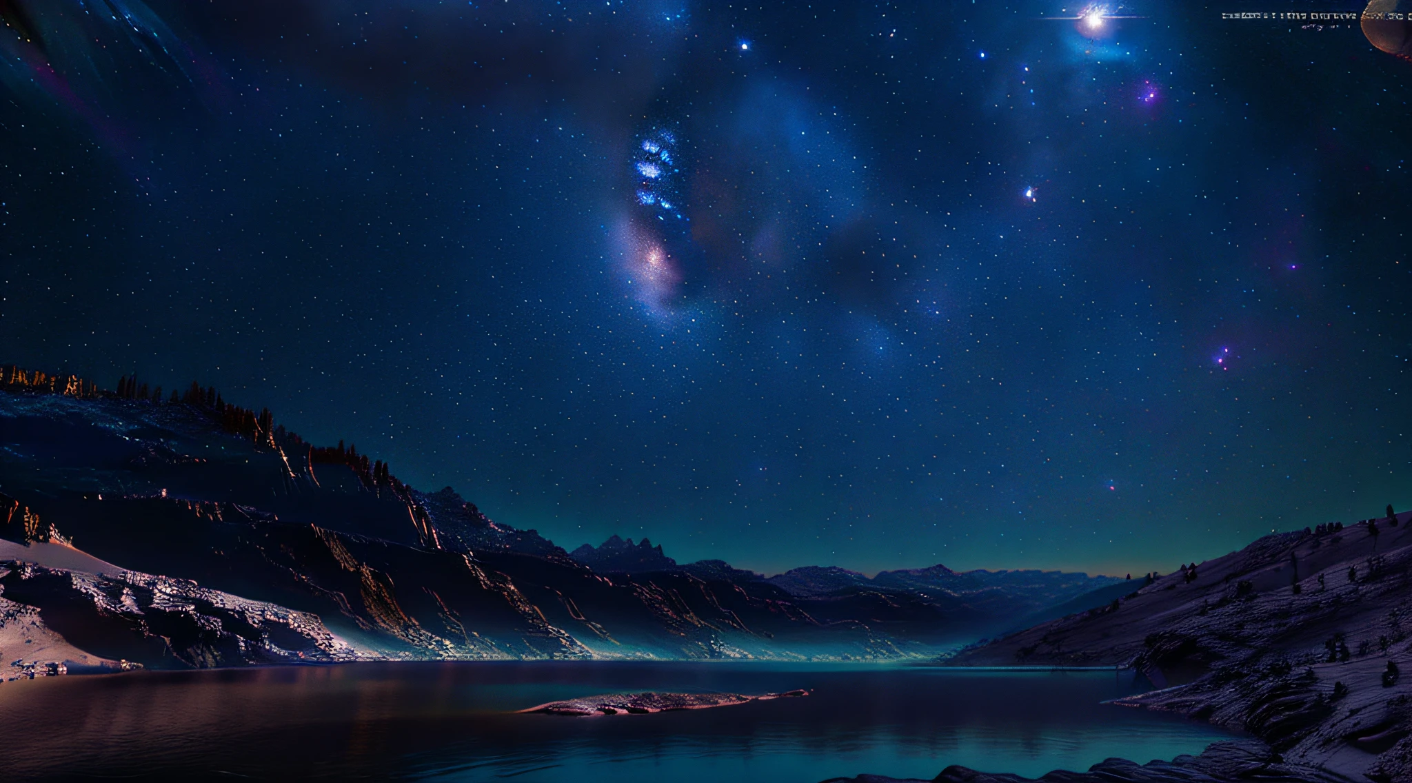 masterpiece,best quality,high detail,epic detail,hyper quality,8K,Unreal Engine,sophisticated,hyperdetailed,Mountains in the middle of the universe,Behind the mountains there is a dazzling Milky Way,Next to the mountain range is a tranquil lake,The lake reflects the stars and the Milky Way in the universe。