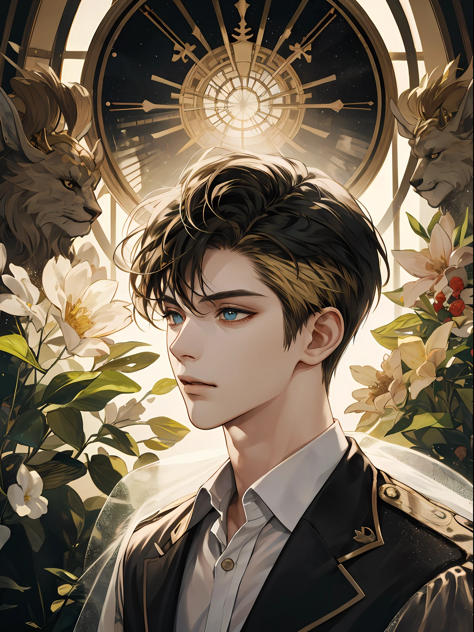 Anime boy with blue eyes and a black jacket standing in front of a ...