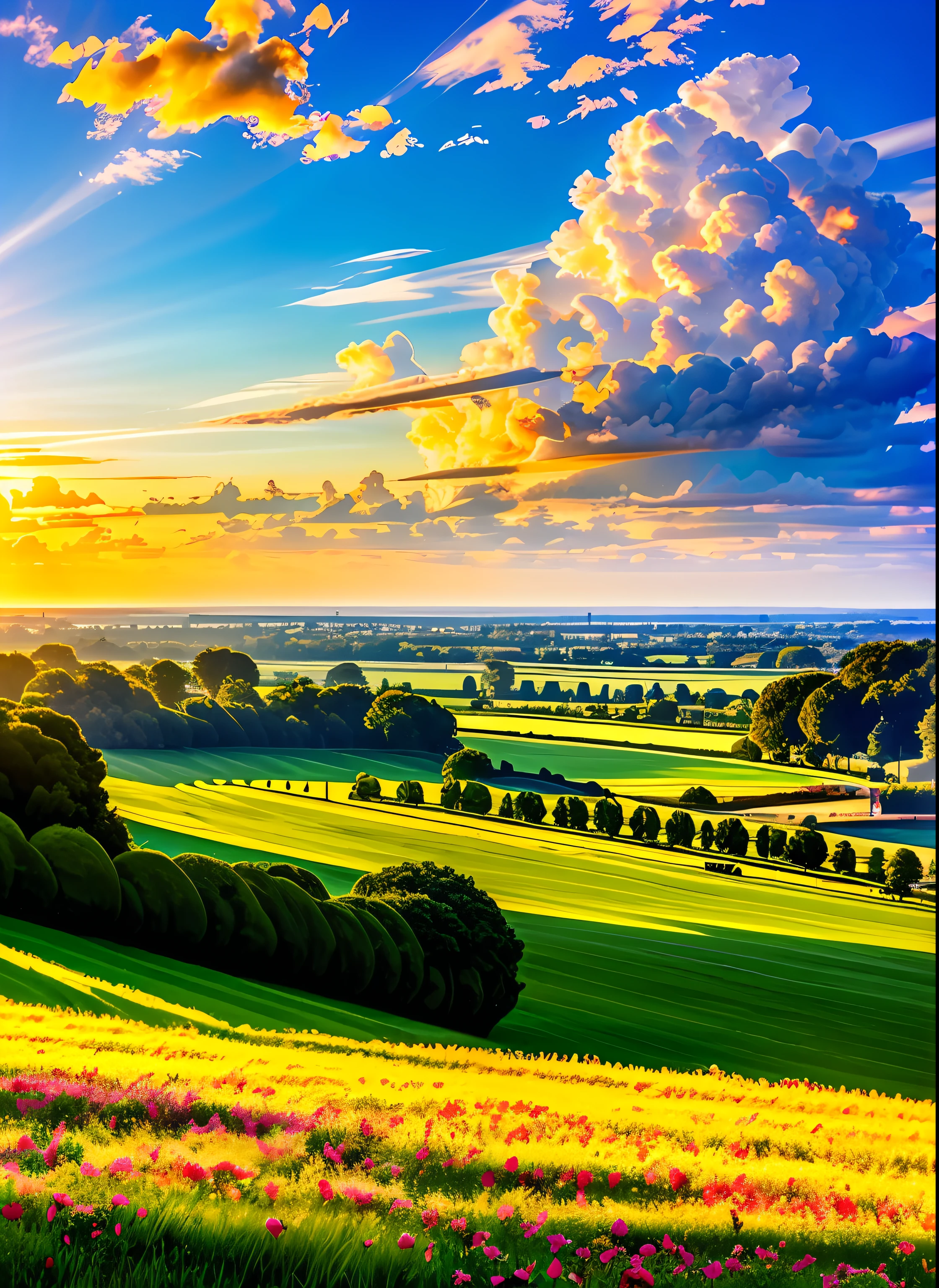 ((masterpiece, best quality)), multiple maidens, behind the vast and fantastic landscape, in the distance towering castles and minarets, with colorful clouds, multicolored flowers