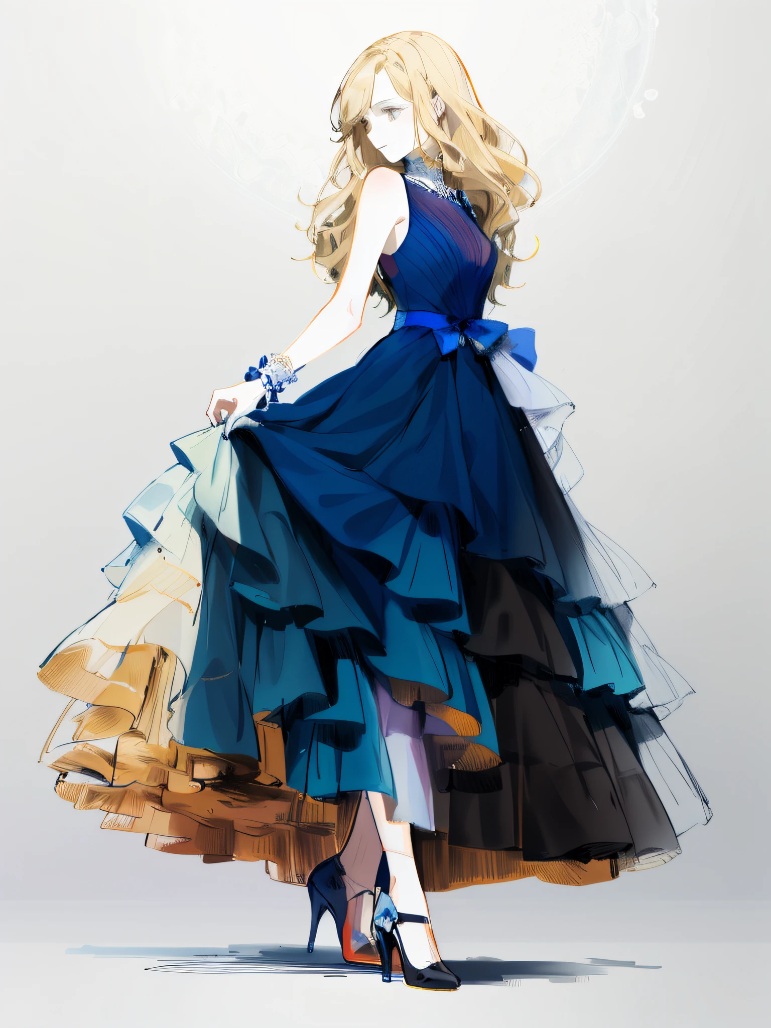 A painting of a woman in a blue dress，a blue dress，Wearing a bow, beautiful drawing style, wearing flowing dress, detailed dress and face, traditional drawing style, girl in a dress, wearing elegant dress, Drawing style, detailed fashion illustration, coiffed blonde hair，fair white skin，black heels，Black eyes