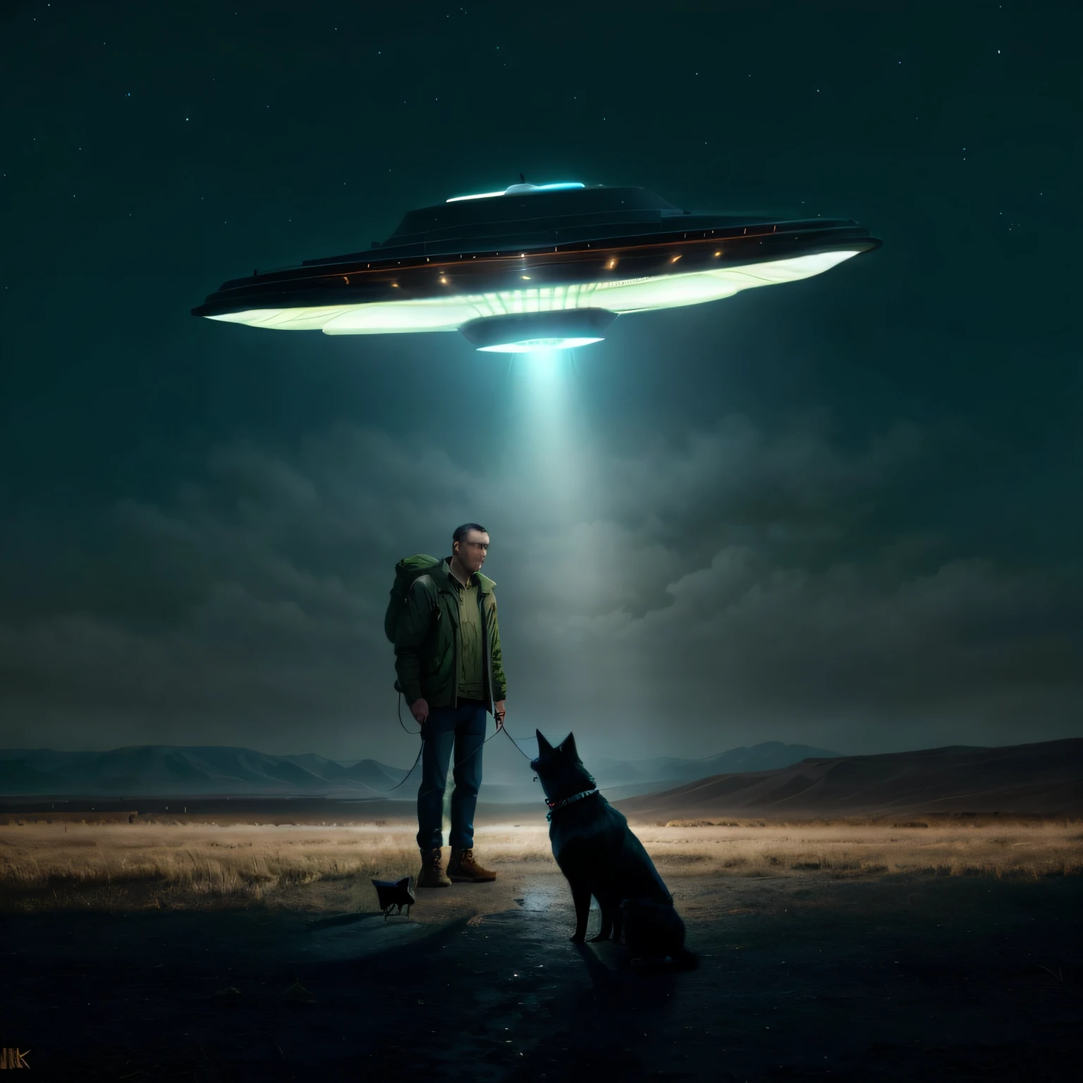 A man and his dog are abducted by a UFO, imagem de alta qualidade, 8k, super detalhada