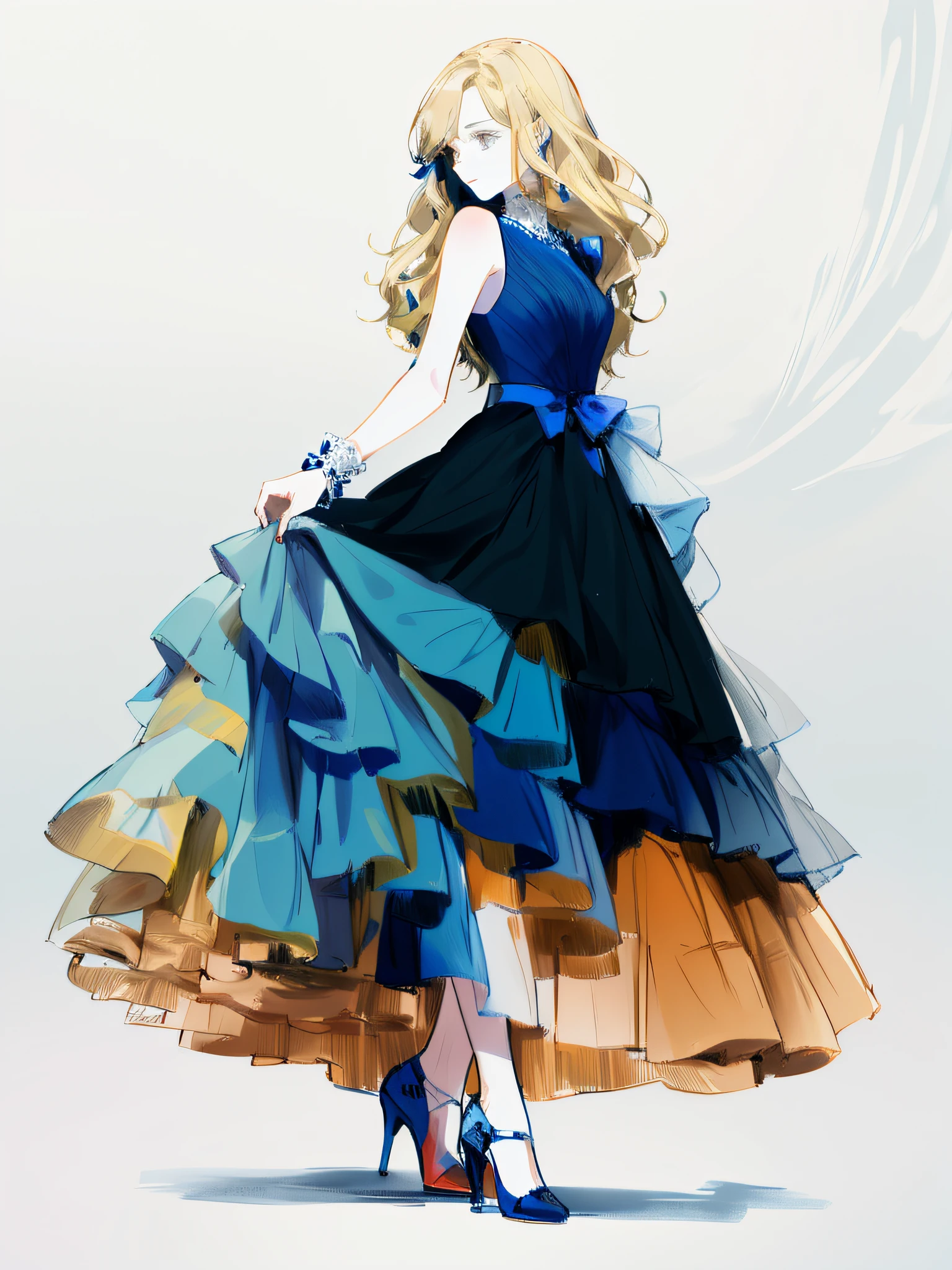 A painting of a woman in a blue dress,a blue dress,Wearing a bow, beautiful drawing style, wearing flowing dress, detailed dress and face, traditional drawing style, girl in a dress, wearing elegant dress, Drawing style, detailed fashion illustration, coiffed blonde hair,fair white skin,black heels,Black eyes