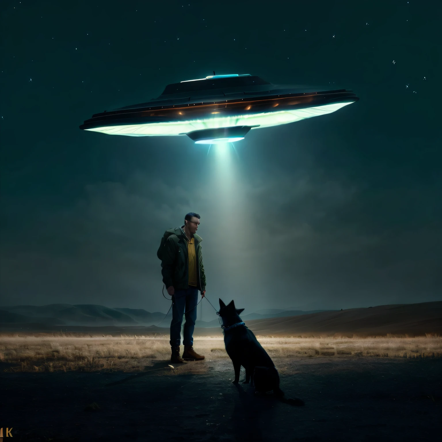 A man and his dog are abducted by a UFO, imagem de alta qualidade, 8k, super detalhada