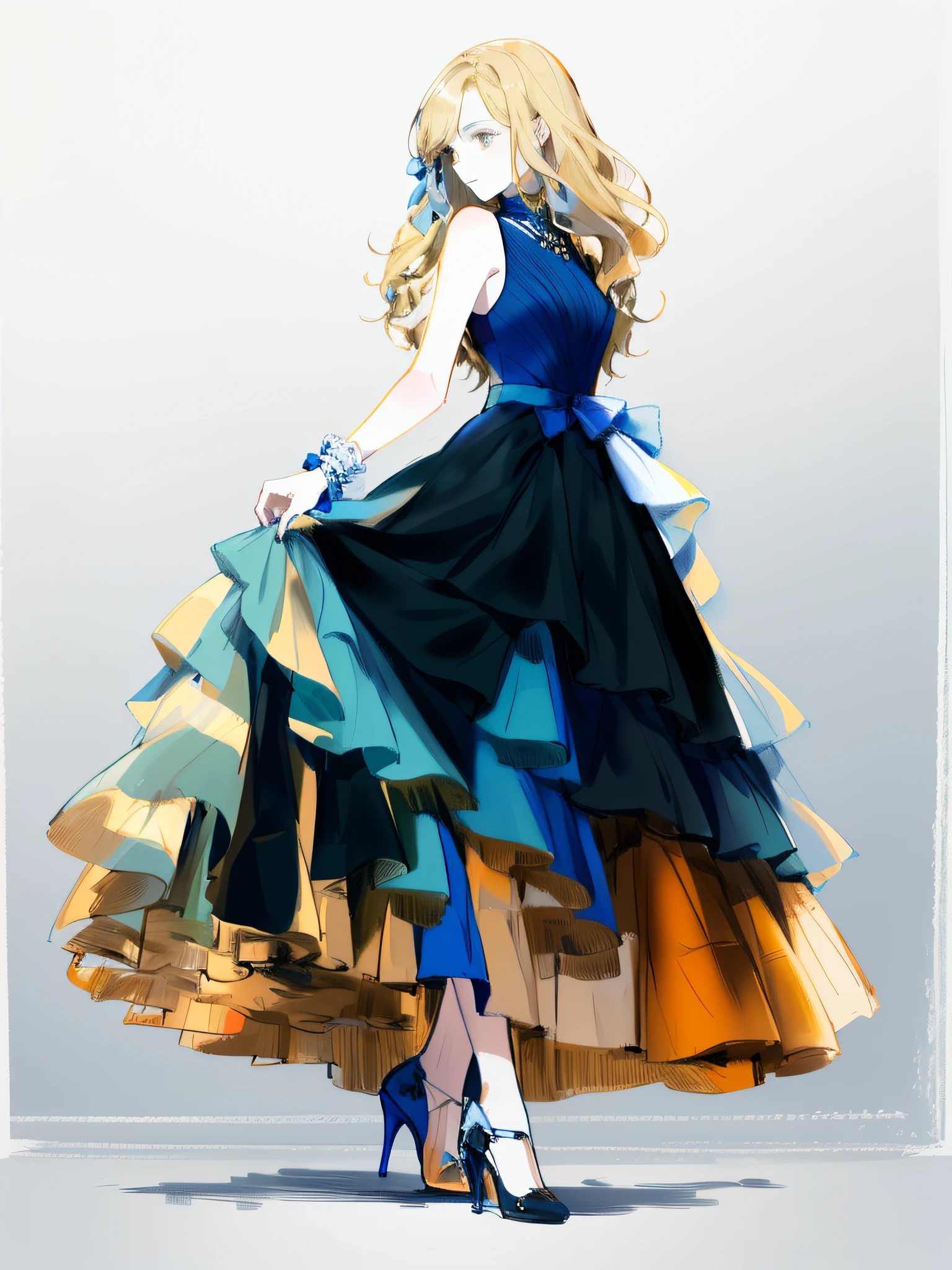 A painting of a woman in a blue dress,a blue dress,Wearing a bow, beautiful drawing style, wearing flowing dress, detailed dress and face, traditional drawing style, girl in a dress, wearing elegant dress, Drawing style, detailed fashion illustration, coiffed blonde hair,fair white skin,black heels,Black eyes