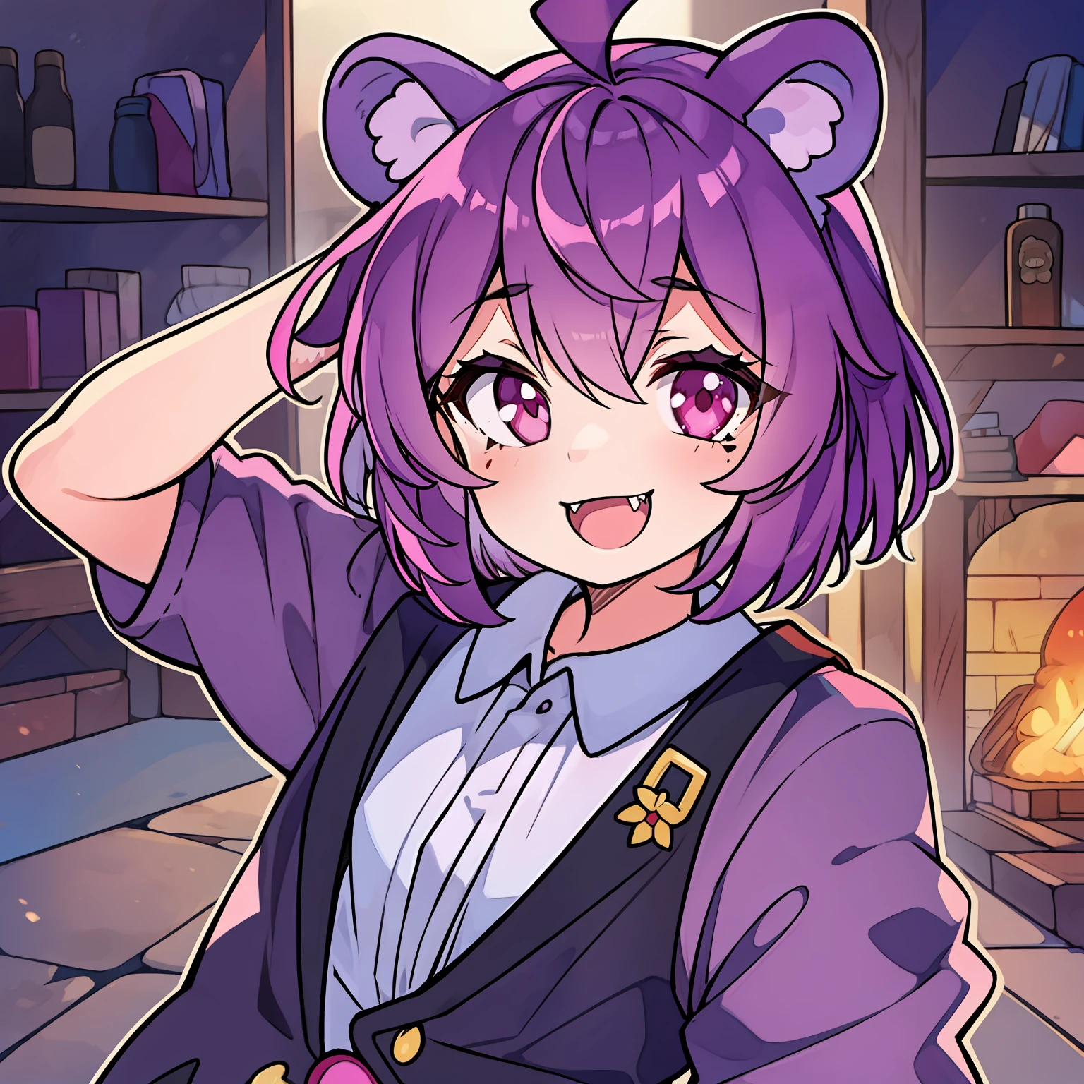1girl, solo, animal ears, pose, happy, smiling, fangs, purple bear ears, purple hair, looking at viewer, ahoge, bangs, short hair, original character, pink eyes, magenta eyes, red eyes, multicolor eyes, short hair, wavy hair, swept bangs, small breasts, flat chest, bear ears, tired, sleepy, bags under eyes, beauty mark, young, , short eyebrows