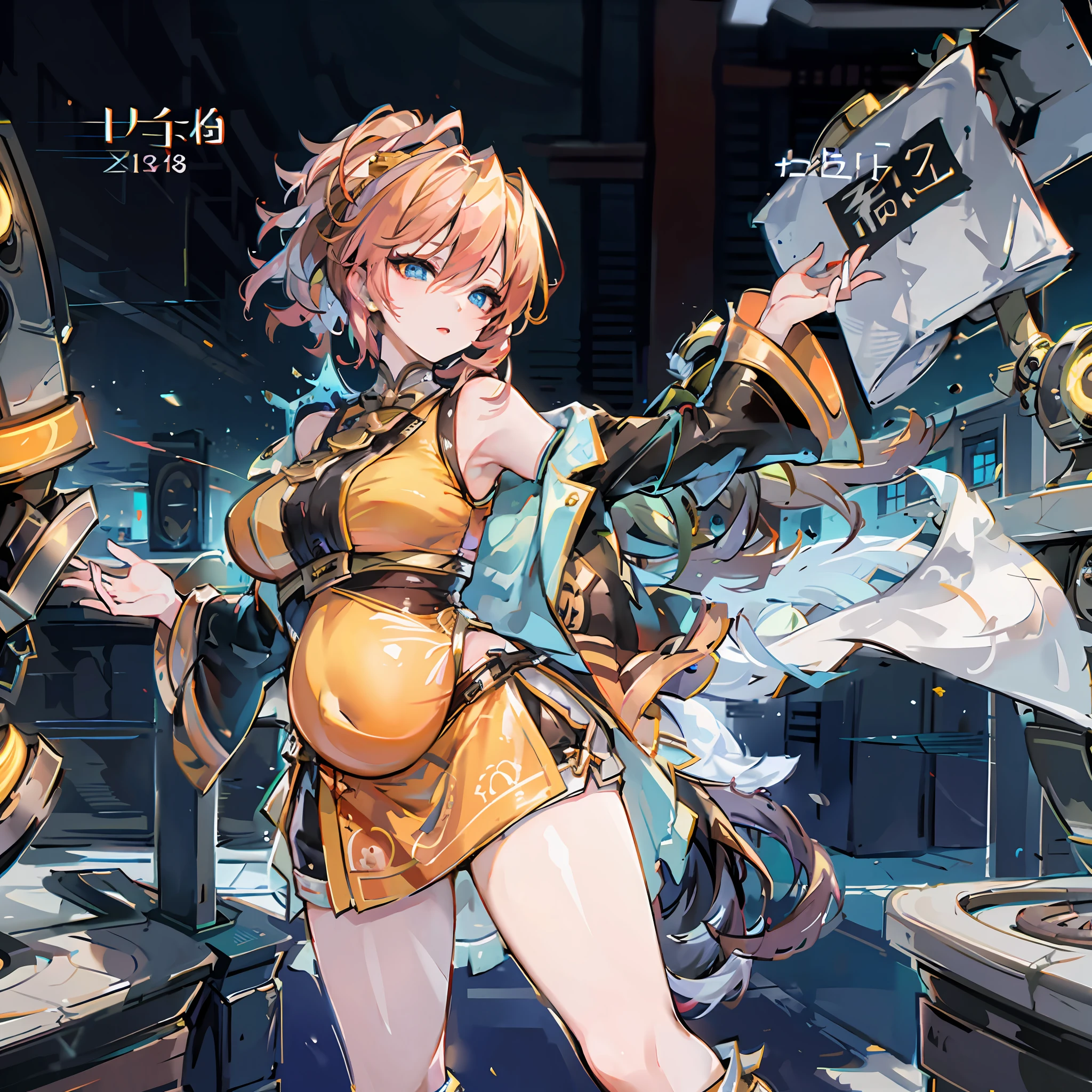 masterpaintings, Best quality, (Detailed eyes and skin), ((Realistic)), jixiaoman, 1girl huge large breasts, The blonde_Hair, Yellow_clothes, Black_clothes, Blue_Eyes, Blue_Sky, blury, blury_Background, blury_foreground, (Modern_City:1.5), mediating_breasts, Exercise_blury,The photograph_\(curly\),Short Hair Hair,skyward,独奏,Upper body body,Pregnant belly,Beth,Showing the belly,youthfulenergy,18-year-old girl,lovly,Two-dimensional painting style,pregnant women with