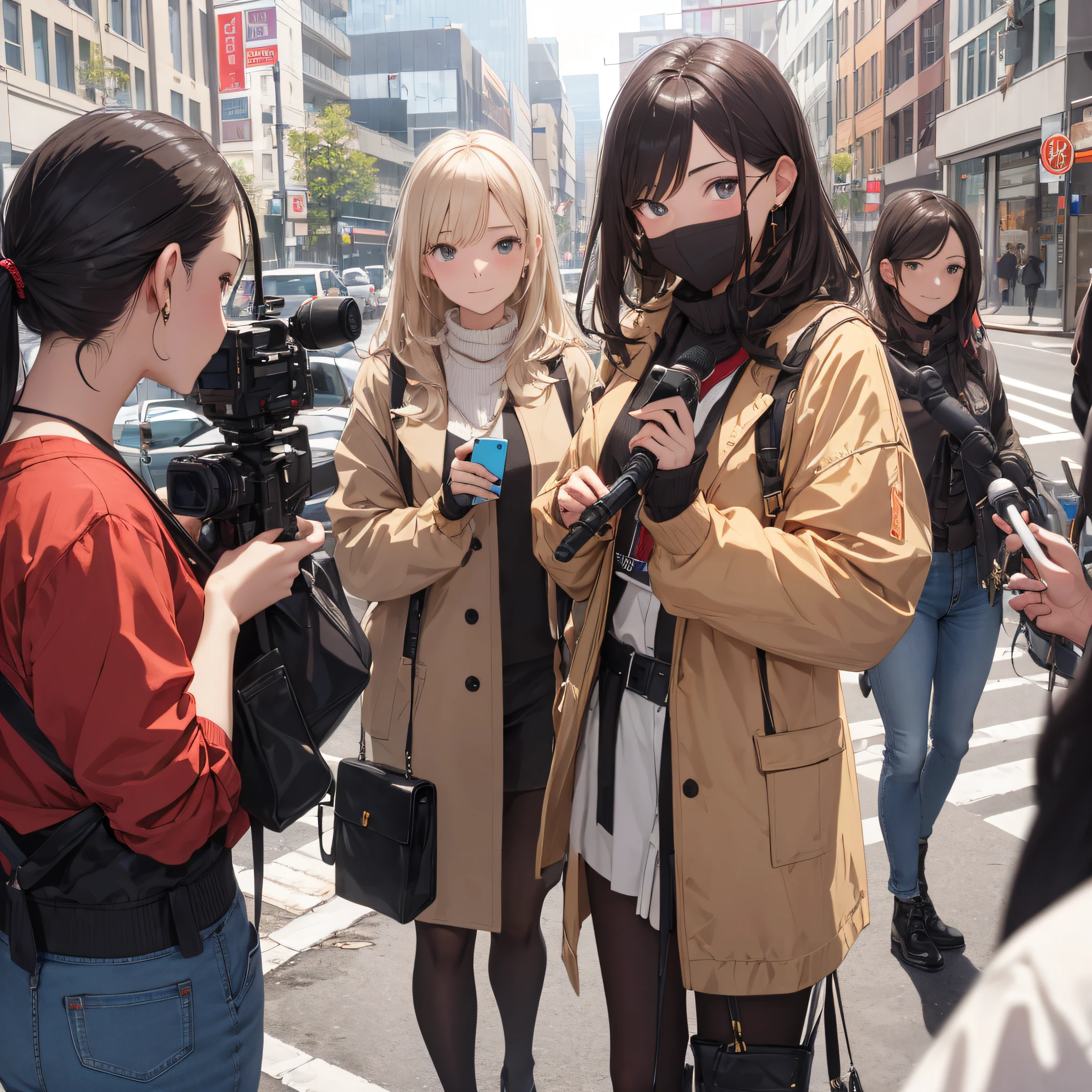 one pretty woman，Delicate facial features，dresscantabile， Interviewed by a group of journalists，The background is on the street