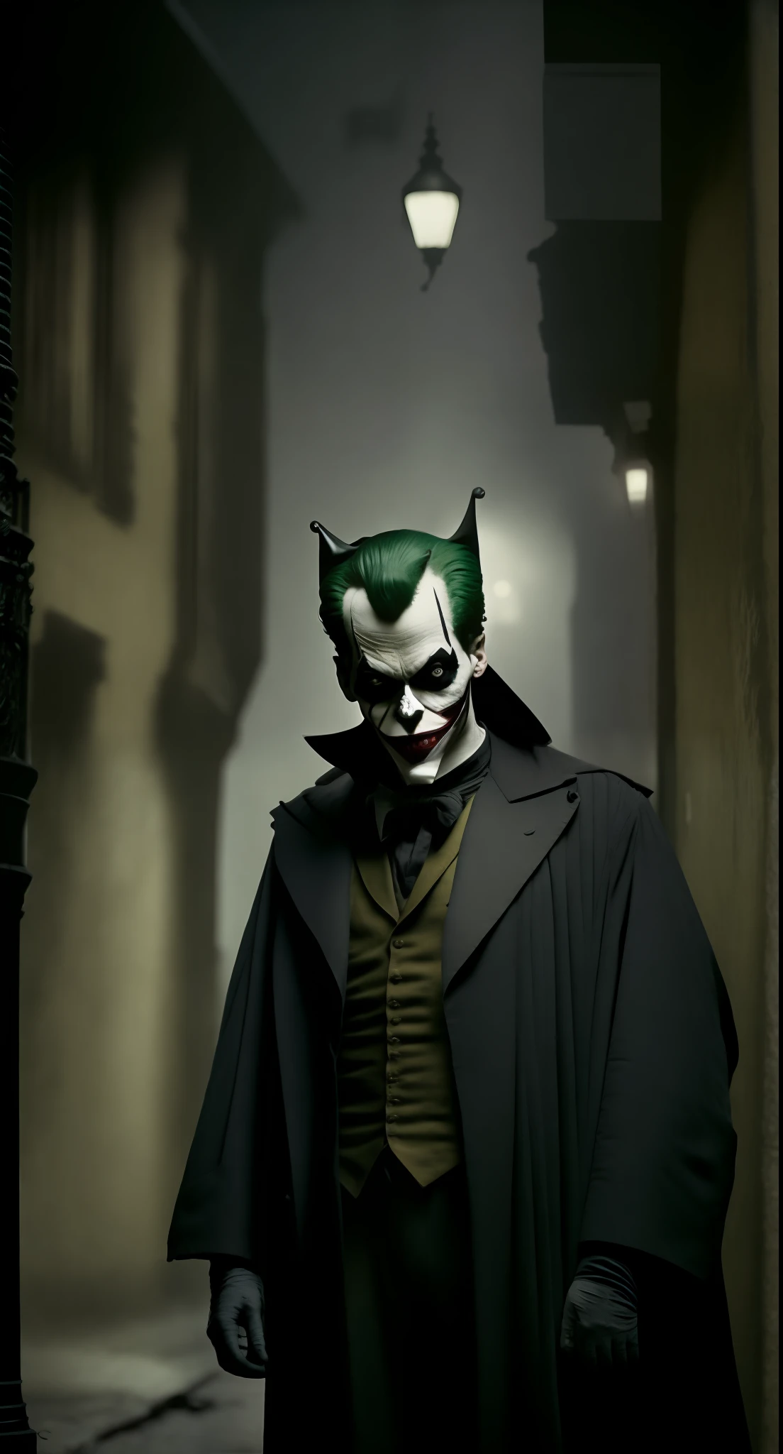 An eerie image of the Joker standing in the shadows, his face partially illuminated by the flickering light of a nearby streetlamp. The camera is positioned low, giving the Joker a looming and menacing presence. The image is rendered in a desaturated color palette, adding to the overall sense of decay and decay in Gotham City. Art by Bill Sienkiewicz and Photography by Diane Arbus using a Hasselblad X1D II, focal length of 90mm, an aperture of f/2.8 and ISO 800. ((Sinister)), ((Mysterious)), ((Dark and Gritty)), ((Desaturated:1.1)), ((Menacing)), ((Atmospheric)), ((Realistic)).