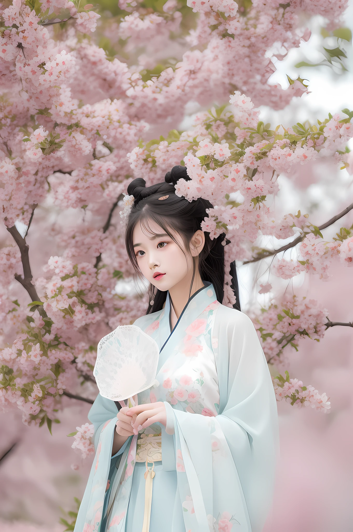 araffe woman in a blue dress holding a fan in front of a tree, royal palace ， A girl in Hanfu, Hanfu, White Hanfu, with acient chinese clothes, Wearing ancient Chinese clothes, Middle metaverse, Traditional Chinese clothing, spring goddess, Chinese costume, flowing sakura silk, Chinese style, a beautiful fantasy empress，high definition detail，8K