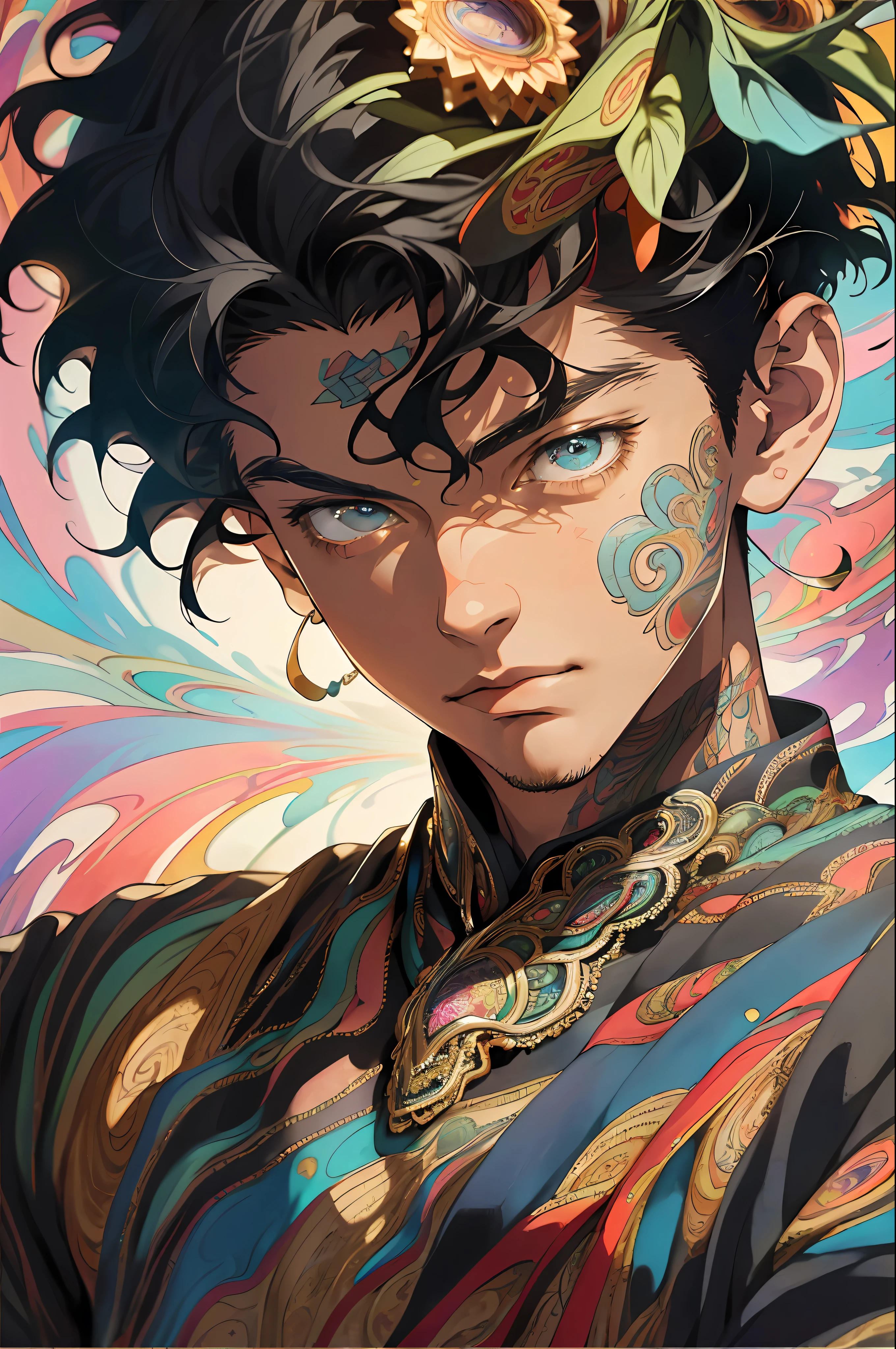 Realistic, (Masterpiece, Top Quality, Best Quality, Official Art, Beauty and Aesthetics: 1.2), Very Detailed, Fractal Art, Colorful, Most Detailed, Zentangle, (Abstract Background: 1.5) (1boy: 1.3), God, Black Hair, Short Hair, Pectoral Muscles, Abs, Mysterious, (Magic), Snowflake, Handsome Man