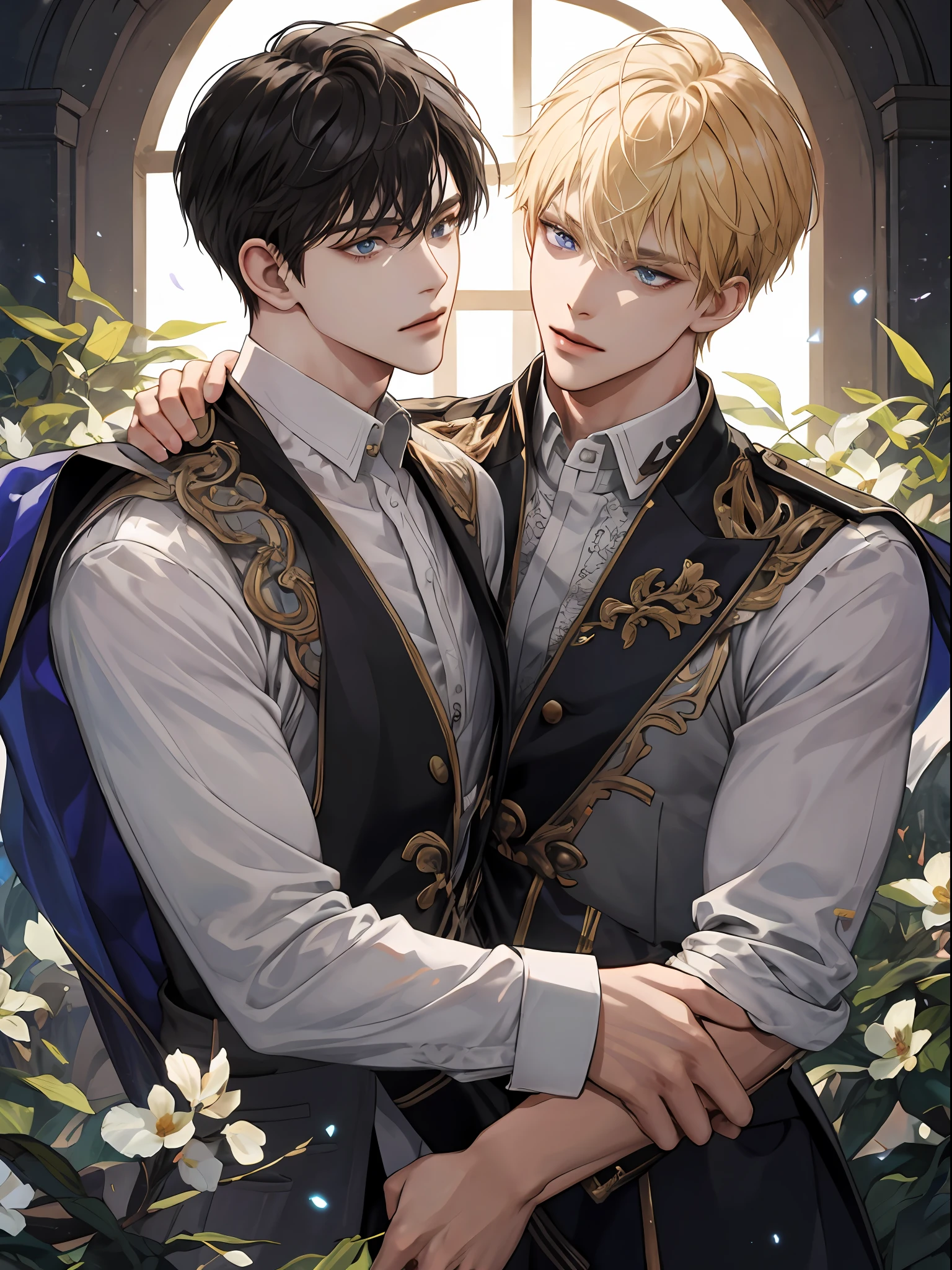 (extreamly delicate and beautiful:1.2), 8K, (巨作, best:1.0), Two Men, Upper body body, a blond, black-haired, seethru school uniform, knights, and intricate detailing, and intricate detailing, finely eye and detailed face, Perfect eyes, Equal eyes, (A male god), Fantastic lights and shadows、landscapes、florals, Uses backlight and rim light