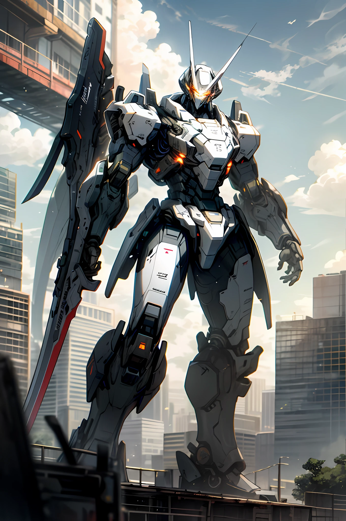 sky, cloud, holding_weapon, no_humans, glowing, , robot, building, glowing_eyes, mecha, science_fiction, city, realistic,mecha
