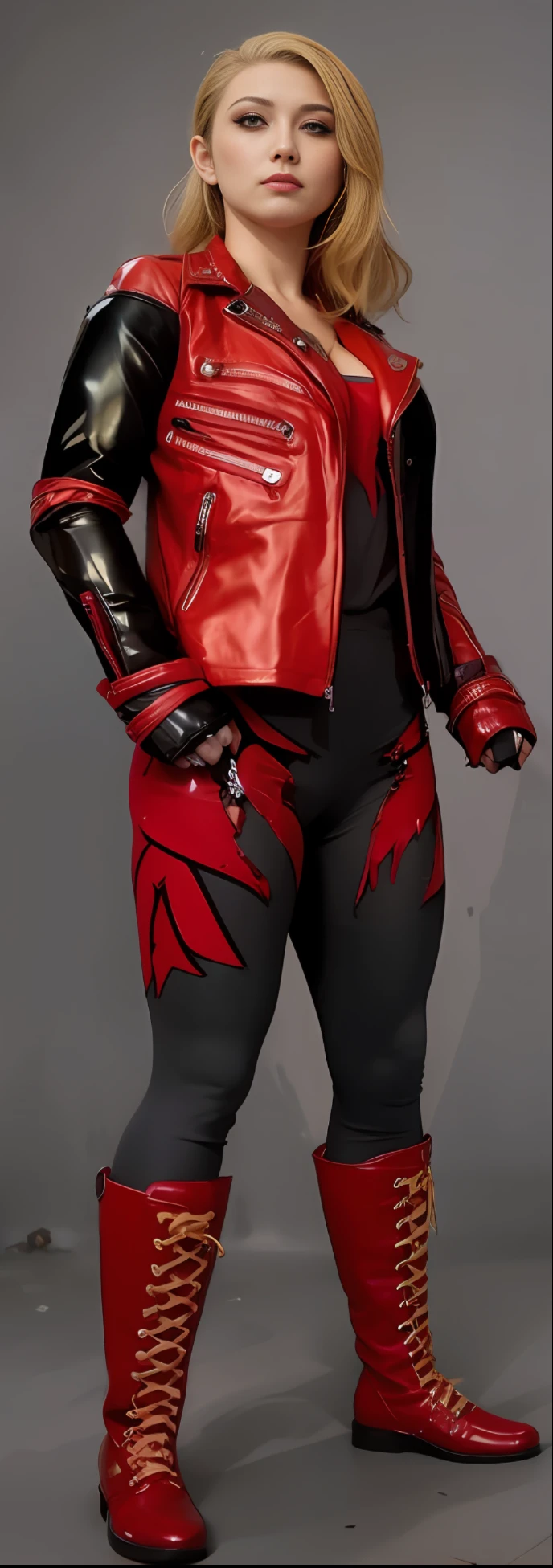 a woman in a red leather jacket and boots posing, En tant que personnage dans Tekken, Costume rouge et noir!!!, Combinaison de flamme cyberpunk, Personnage de King of Fighters, female rouge assassin, Cosplay sur Black Harley Queen, Armure noire et rouge, Zenkai du corps entier! Costume Asuka, scarlet witch costume, costume ???? et rouge, Armure en cuir moulante rouge