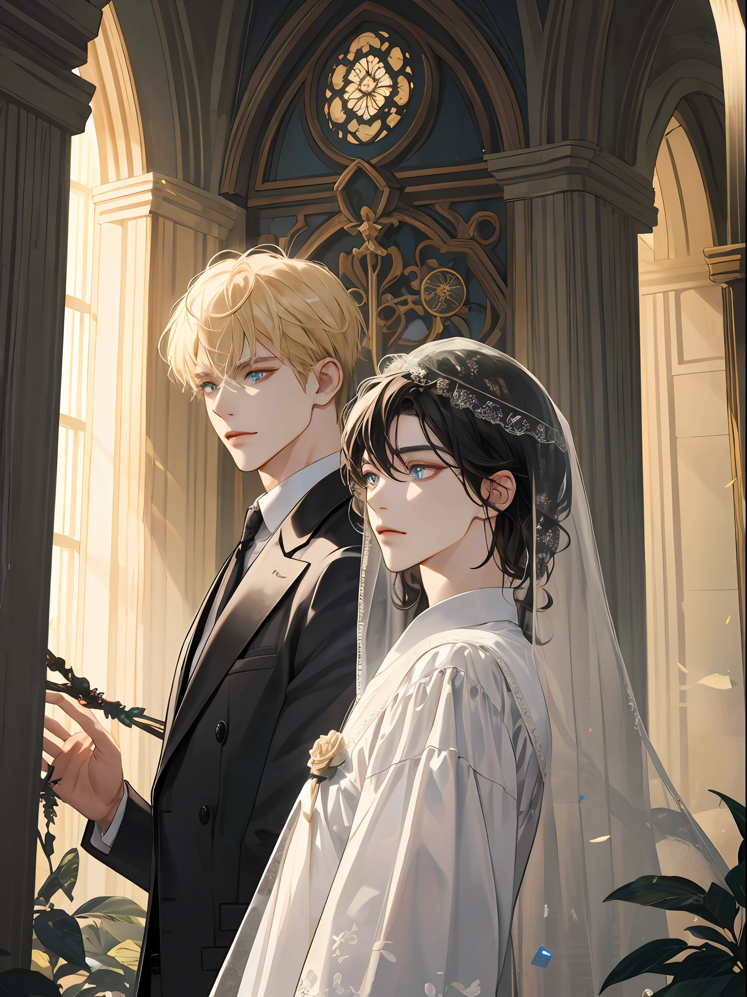 (extreamly delicate and beautiful:1.2), 8K, (巨作, best:1.0), Two Men, body complet, a blond, black-haired, seethru school uniform, knights, Man wearing a veil、Wedding between guys, sacred place, and intricate detailing, and intricate detailing, finely eye and detailed face, Perfect eyes, Equal eyes, (A male god), Fantastic lights and shadows、landscapes、florals, Uses backlight and rim light