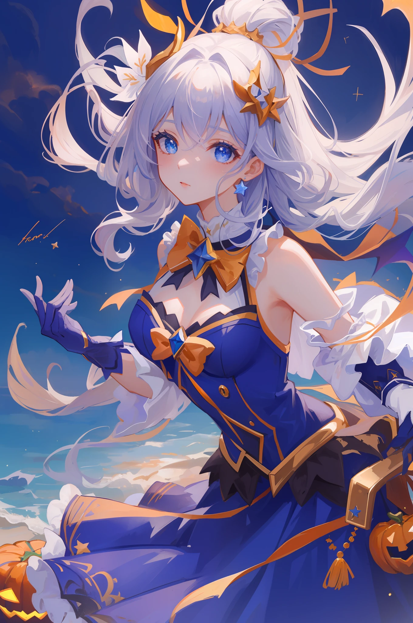 (masterpiece, best quality),  intricate details, 8k, artstation, sharp focus, 1girl, star guardian, league of legends, (halloween color theme)