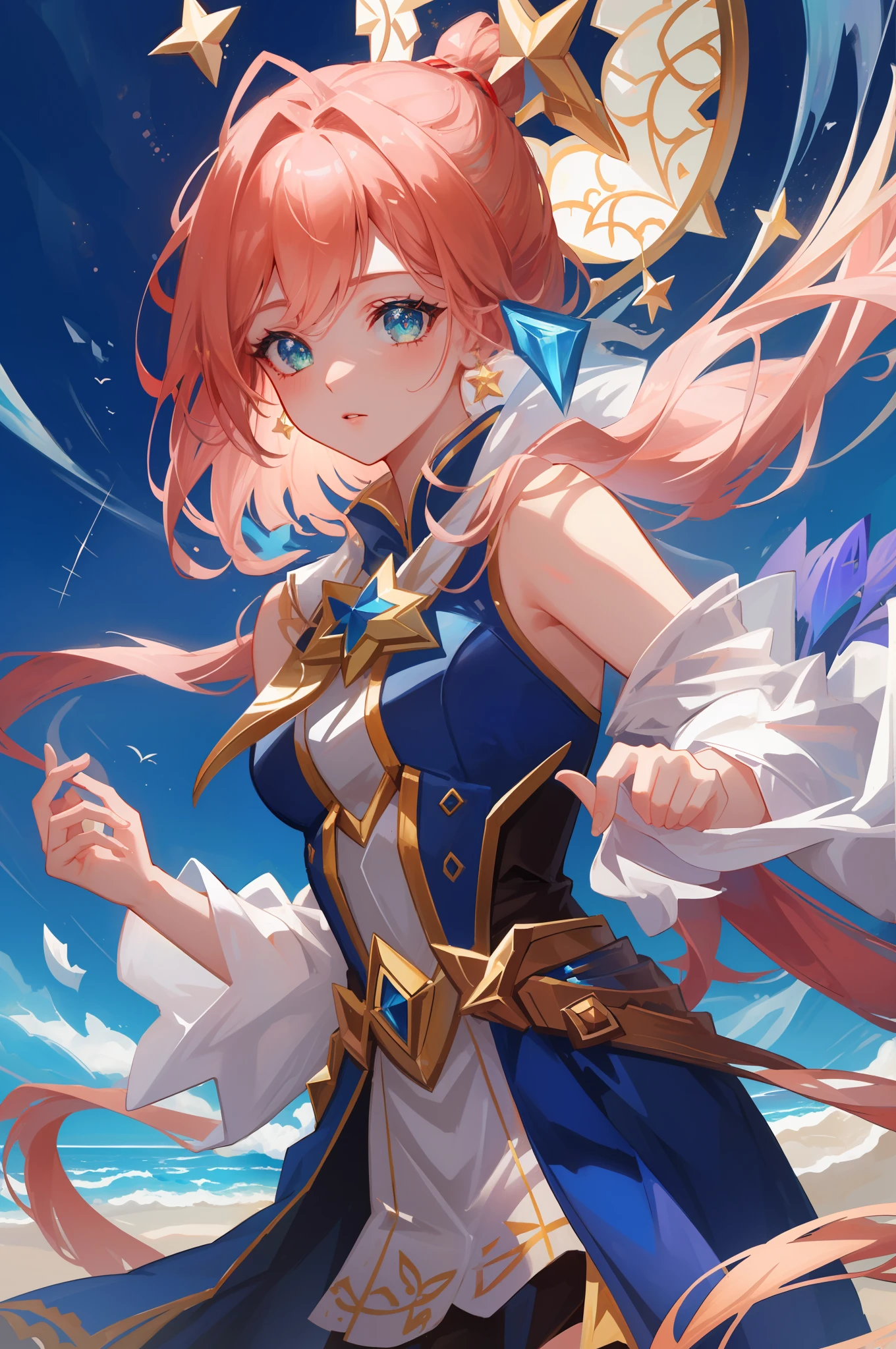 (masterpiece, best quality), intricate details, 8k, artstation, sharp focus, 1girl, star guardian, league of legends, (tropical color theme)