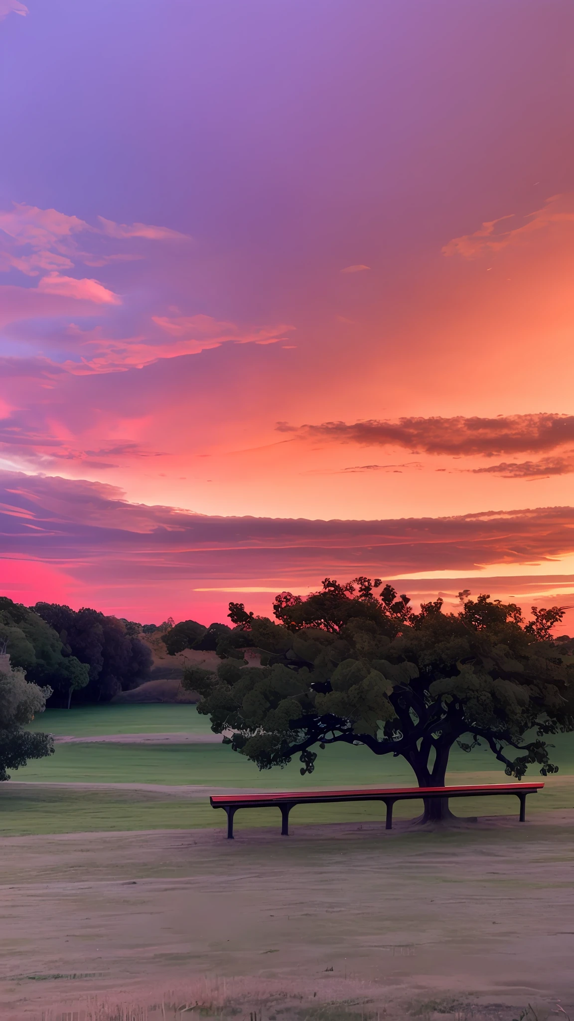 sunset over a grassy field with a bench and a tree, laranja / pink sky, pink skies, orange and red sky, pink sunset hue, pink sunset, the colours of the sunset, redpink sunset, the most beautiful sunset, colours of the sunset, Fire in the Sky, spectacular sunset, stunning skies, sunset with cloudy skies, moody sunset in background