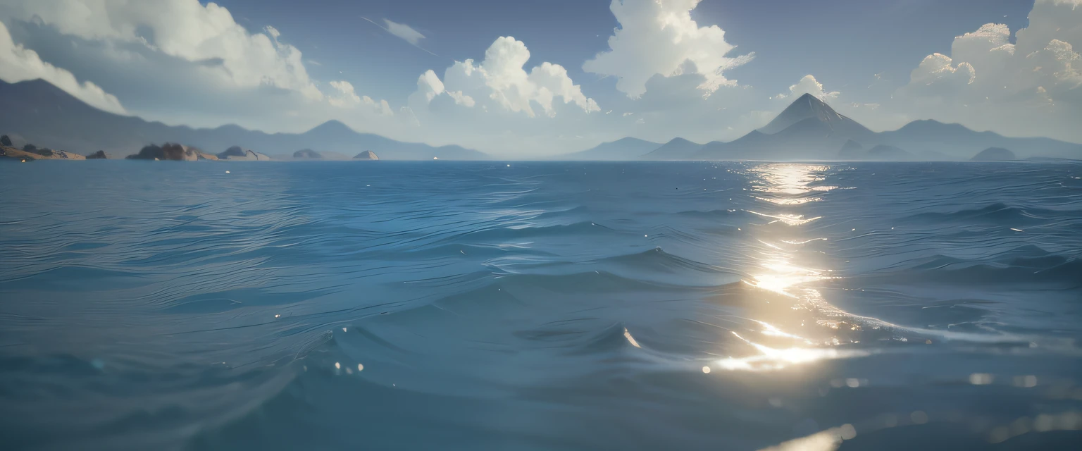 there is a picture of a view of a mountain range from the water, realistic ocean, volumetric light water, realistic water, rendered in cryengine, otcean render, volumetric water, rendered in unity 3 d, rendered in arnold engine, render in unreal engine 5, subsurface scattering light, rendered in rtx, ultra detailed water, Subsurface scattering --auto