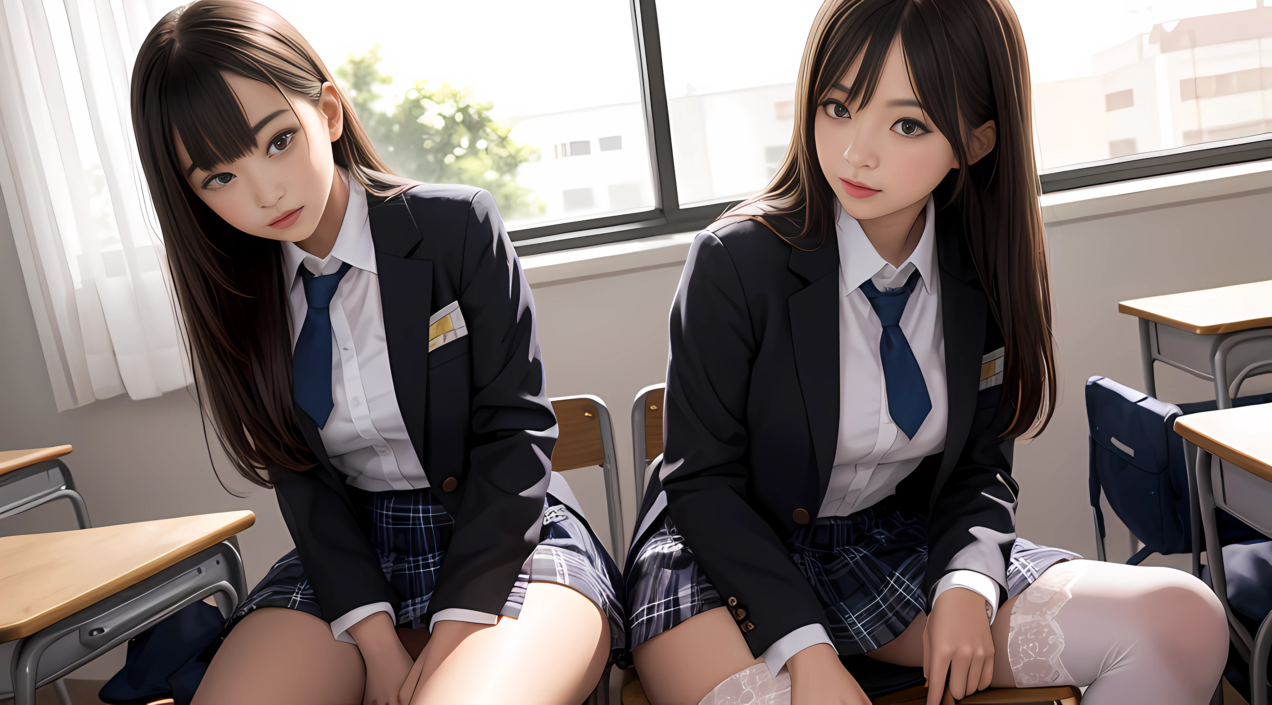 (Best Quality, ultra hyper-detailed, Illustration, Maste Piece),‎Classroom、
drapes, Stockings, 2 girls in,School Uniform, school skirt,Open legs,show pantie