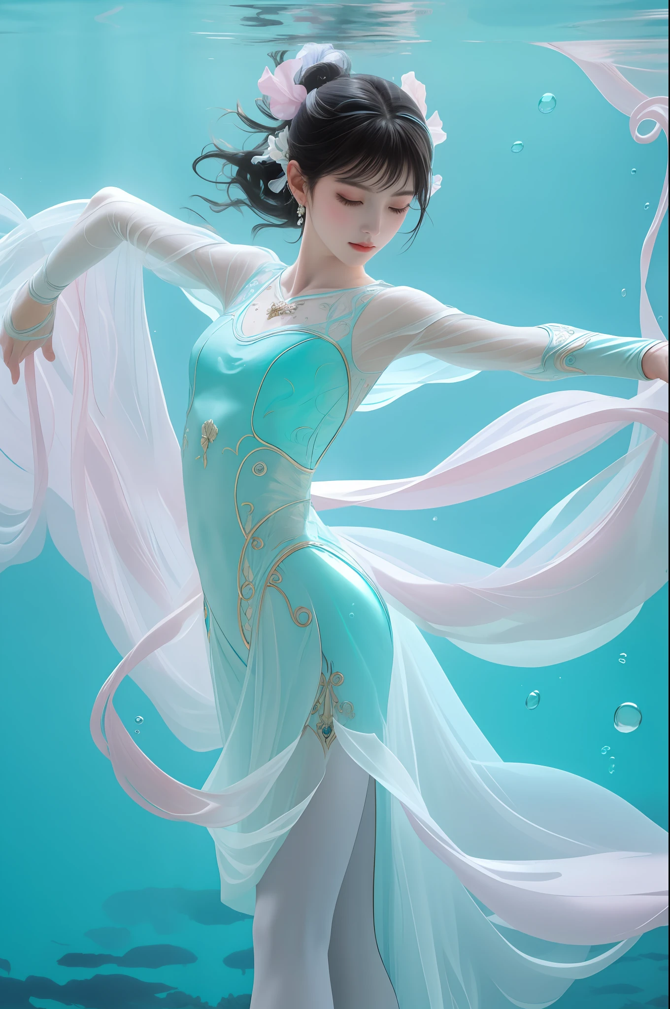 An ethereal ballet dancer floating in a dreamlike underwater world
Prompt: Ballet masterpiece by Edgar Degas, underwater ballet, impressionistic style, aquamarine cyan lilac pink, watery environment, flowing fabric, graceful motion, delicate brushstrokes, shimmering reflections, soft focus, dreamy atmosphere, photo realistic, intricate detailed, pointe shoes, elegant posture, masterpiece, best quality,