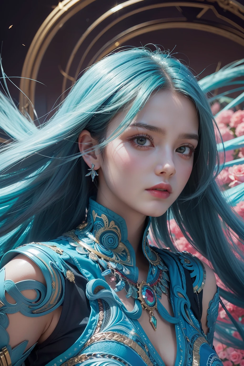 1girl,light blue hair,long hair,red eyes,expressionless,dullyarts,flower field,gorgeous costume,kingly,holding roses,concept art,colorful palette,fallen-leaves,fine art parody,(photorealistic),(low shot:1),(abstract background, zentangle, fractal art:1.3),official art,unity 8k wallpaper,ultra detailed,beautiful and aesthetic,masterpiece,best quality,(dynamic angle),(dynamic pose),glowing skin,(floating colorful sparkles:1) the most beautiful form of chaos,elegant,a brutalist designed,vivid colours,romanticism,classic