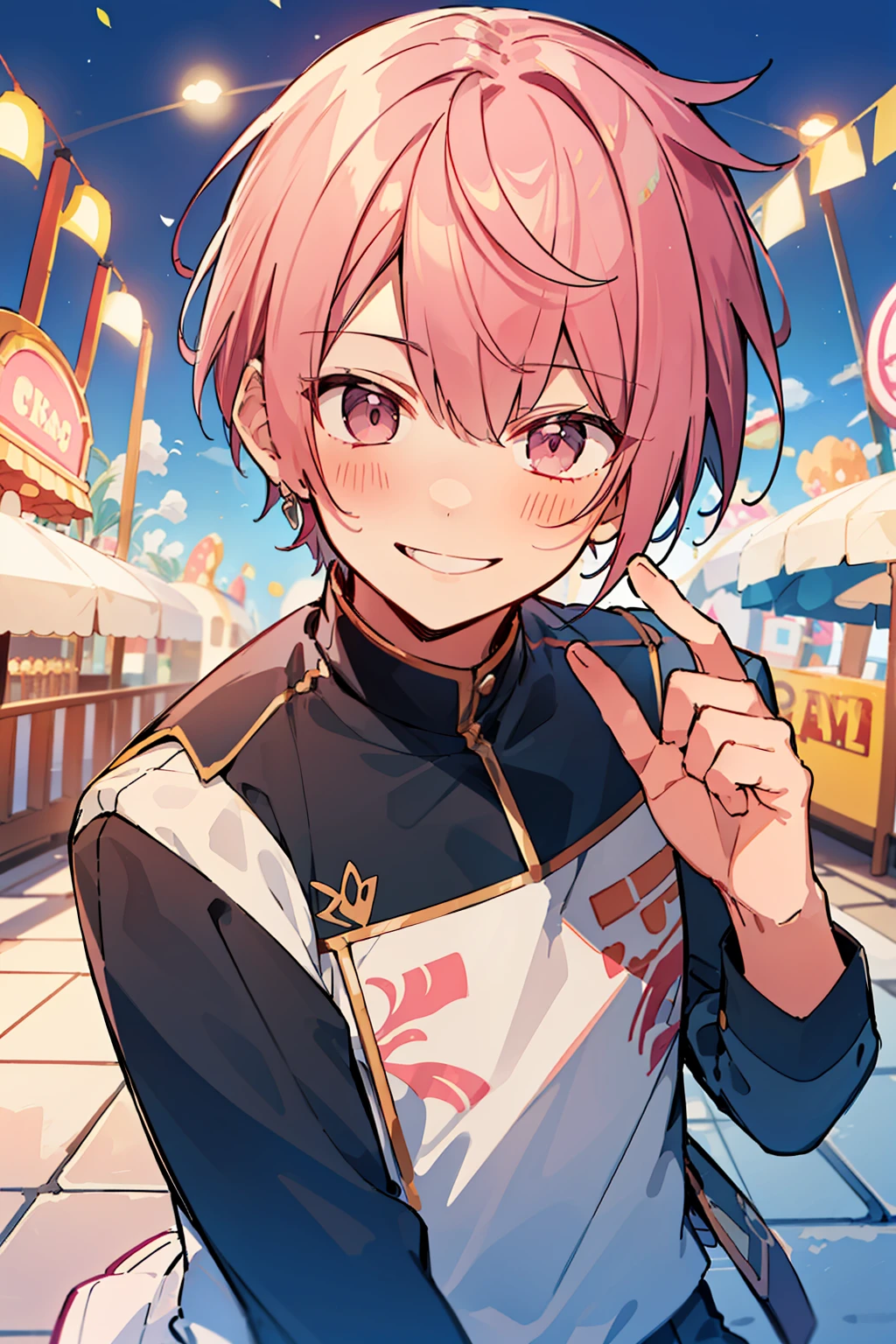 (high-quality, breathtaking),(expressive eyes, perfect face), 1boy, male, solo, short, young boy, light pink hair, pink eyes, smile, casual clothes, look at viewer, amusement park