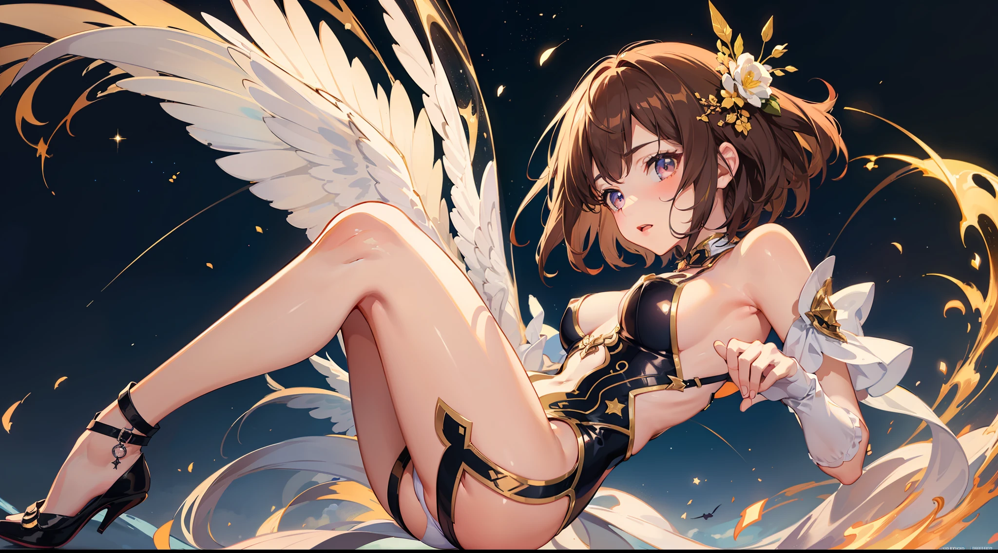 (((Masterpiece))), unique art, super detailed, wide shot, 1girl, tender face, looking afar, (flying through the sky from one side to the other), from side, wind, dynamic pose, (white leotard), white and pink pleated skirt, pink tight gloves, ruffled stockings, ((super cute face)), ((angelic face)), kawaii mini wings, ((incredibly beautiful eyes)), (glowing brown eyes), small breasts, perky breasts, super beautiful legs, ((full body)), (brown multicolored hair), short hair, (bob cut hair), (delicate and perfect hands), ((perfect anatomy)), (super delicate and sexy body), ((super cute girl)), (super thin face), delicate features, ultra detailed, best quality, cinematic lighting, captivating beauty, sexy look, (beautiful sky with stars scenery), gradient scenery, highly detailed