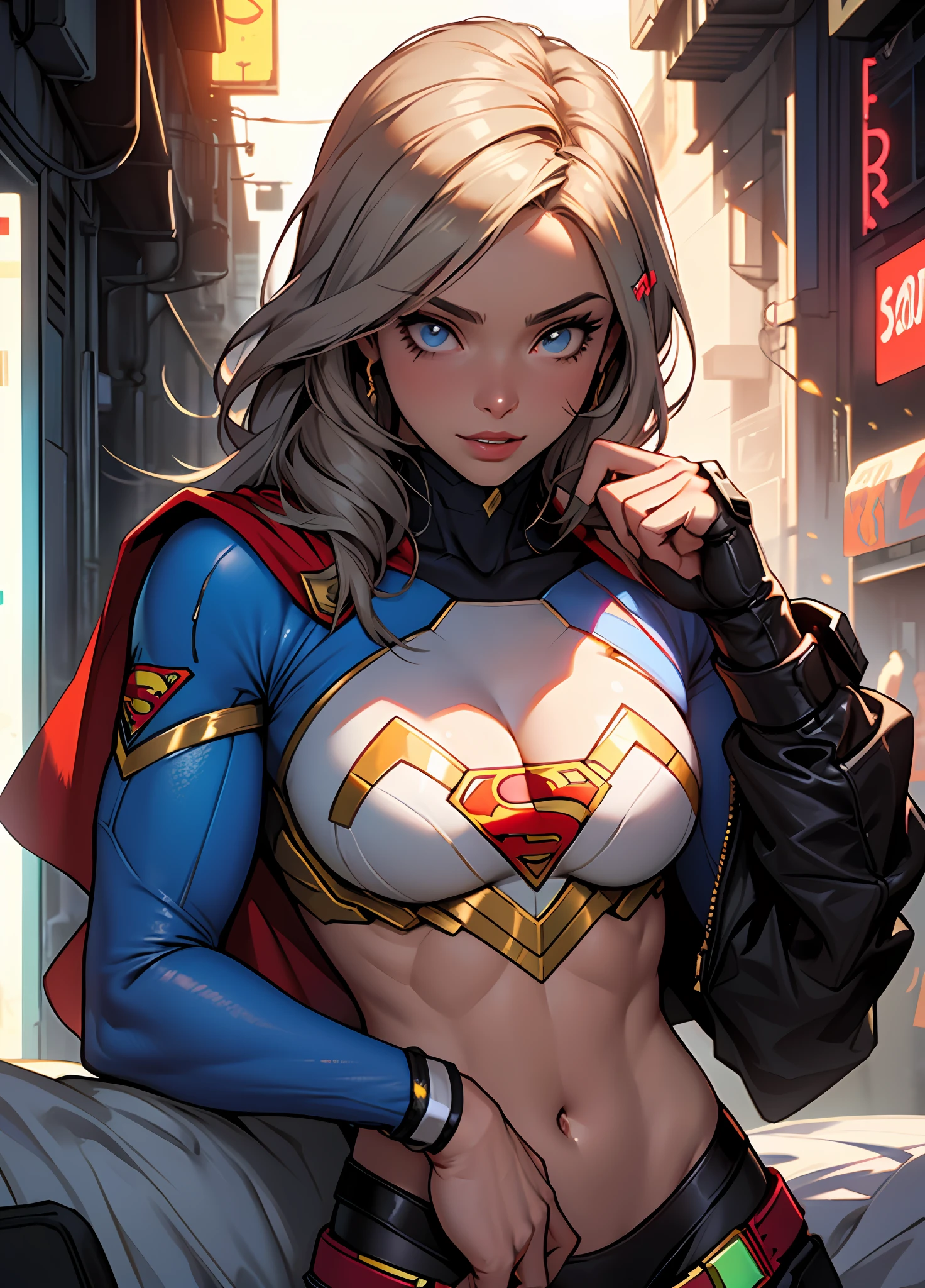 Supergirl pele molhada, (pele branca), pale skinned, juicy lips, (cabelo totalmente loiro encaracolado), Grandes olhos azuis, peito inchado, juicy lips, abdominais, estilo futurista cyberpunk branco. corpo perfeito, hand perfect, perfect feet. (Loira cyberpunk), cordas cyberpunk brancas, (golden breastplates), meias transparentes brancas cyberpunk. Ela deitada em uma cama futurista em StarCraft cyberpunk futurista preto e branco. Ler um tablet, toca o cabelo, visible whole body, Supergirl Cyberpunk Superheroine Costume. com letra S do superman ao fundo. , mulher loira, --auto