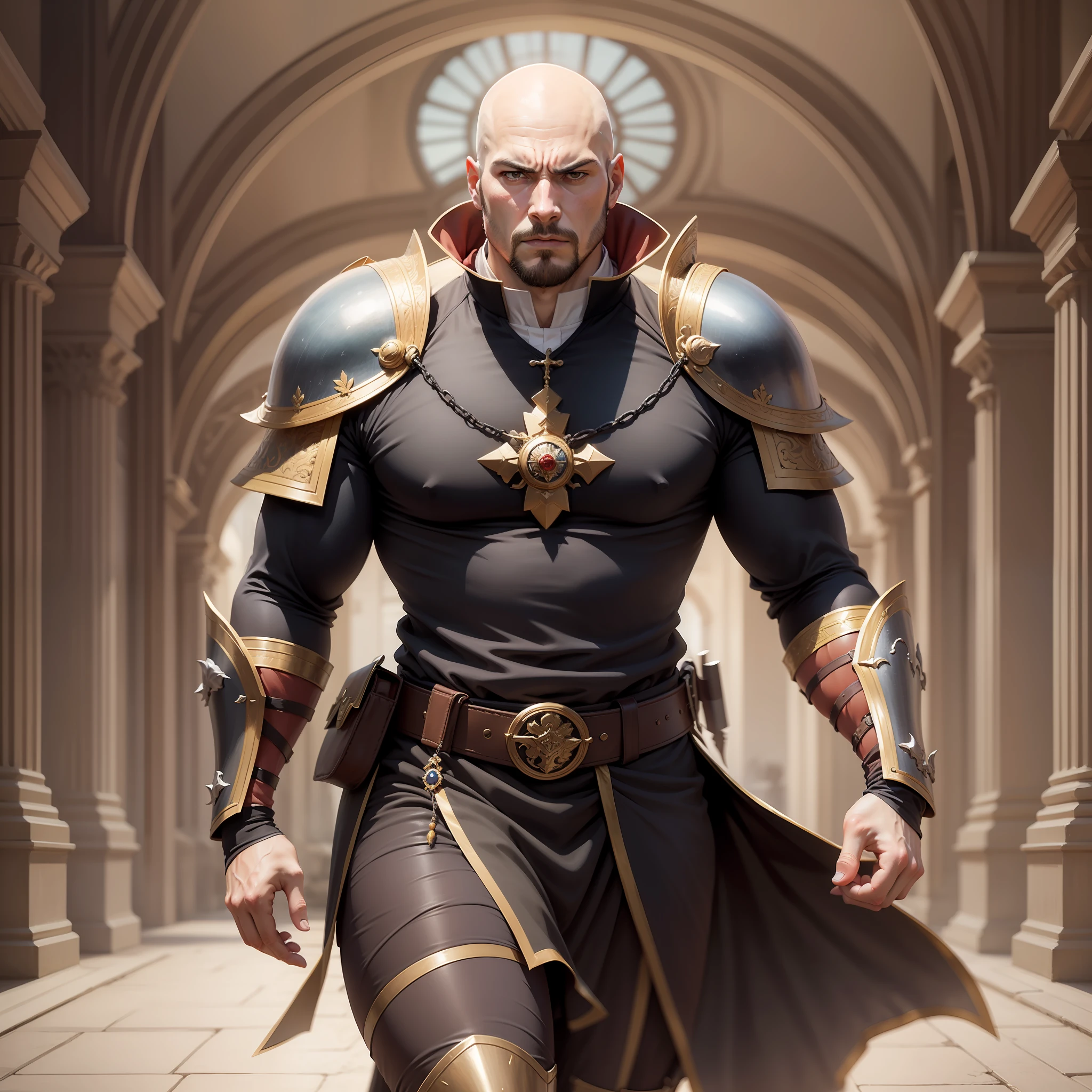 realistic acting in an anime style art of a bald man, 30 years old, tall, strong, with a goatee, wearing black clerical attire and with shoulder pads, RPG Warrior, fearful expression, running in a wide corridor of a royal palace