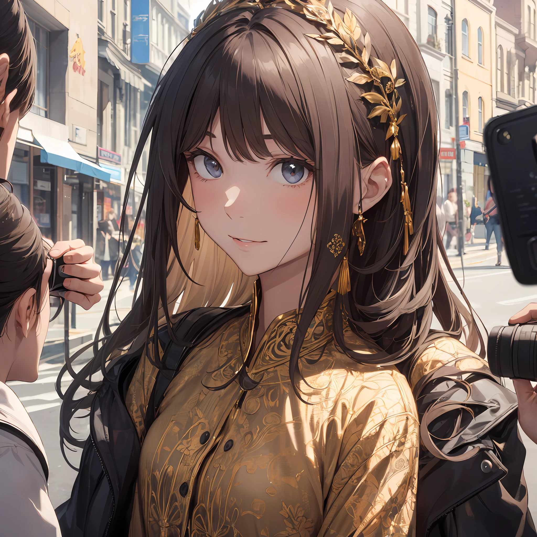 one pretty woman，Delicate facial features，ornate decoration， Interviewed by a group of journalists，The background is on the street