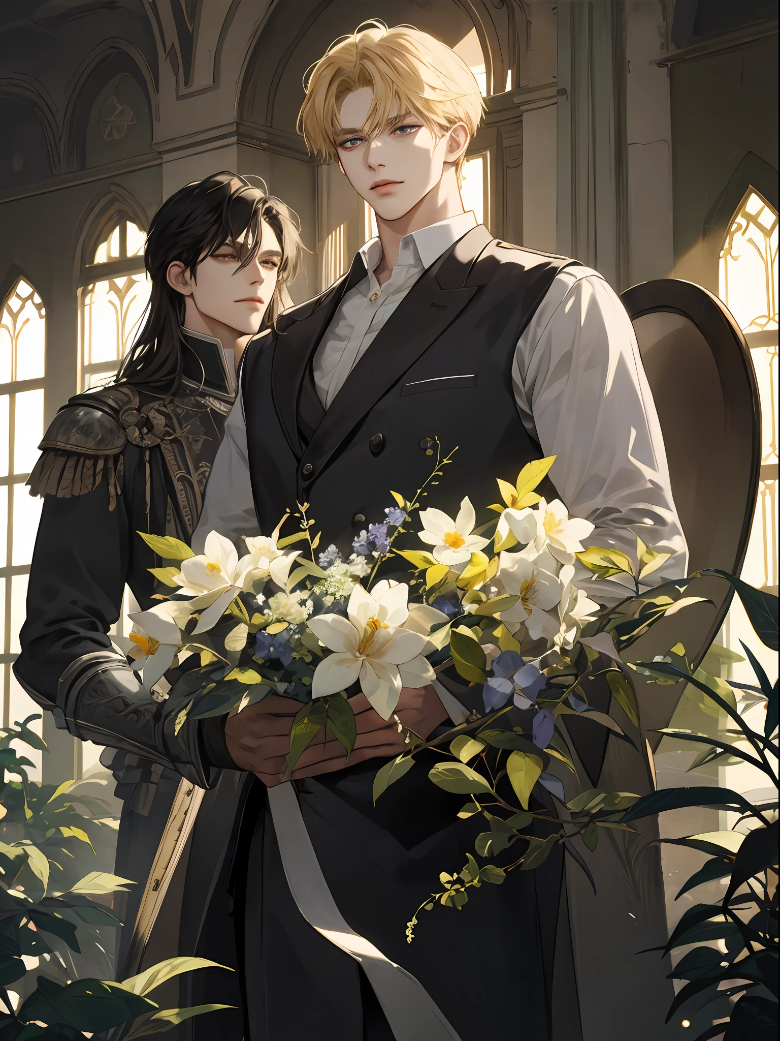 (extreamly delicate and beautiful:1.2), in 8K, (巨作, best:1.0), Two Men, body complet, Blonde long-haired man, Middle-aged man with short black hair, seethru school uniform, knights, and intricate detailing, and intricate detailing, finely eye and detailed face, Perfect eyes, Equal eyes, (A male god), Fantastic lights and shadows、landscapes、florals, Uses backlight and rim light